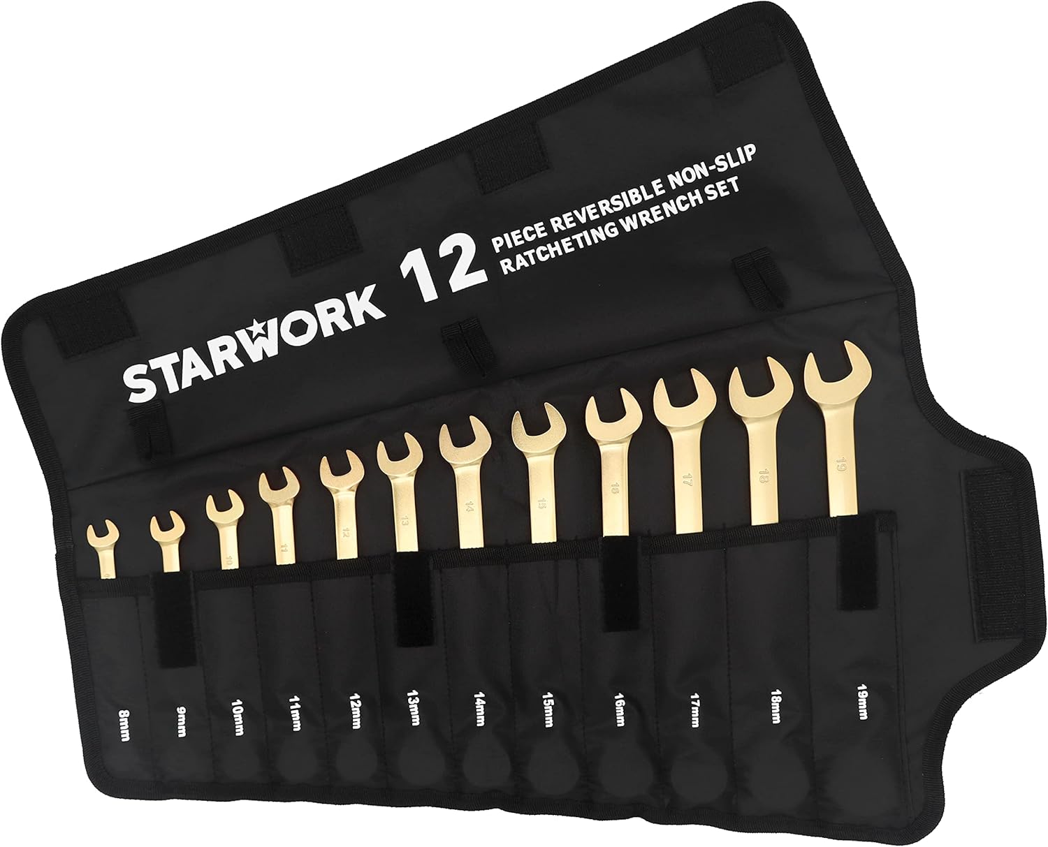STARWORK 12 Pc. 6-Point Metric 15° Offset Vintage G-Plating Reversible Non-Slip Long Pattern Ratcheting Combination Wrench Set (8-19 mm)
