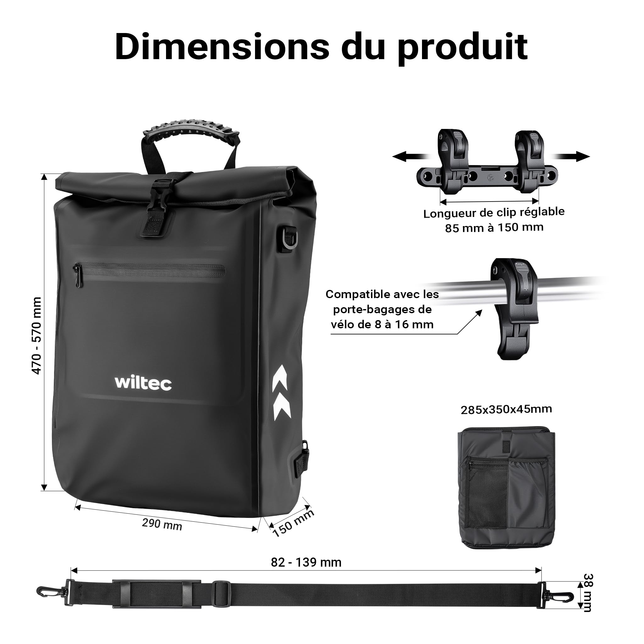 Wiltec Sacoche sac à dos étanche pour porte-bagages noire – capacité de 25 L – en 500D PVC – avec compartiment pour ordinateur portable – pour vélos et vélos électriques – Sac de bicyclette – Cyclisme