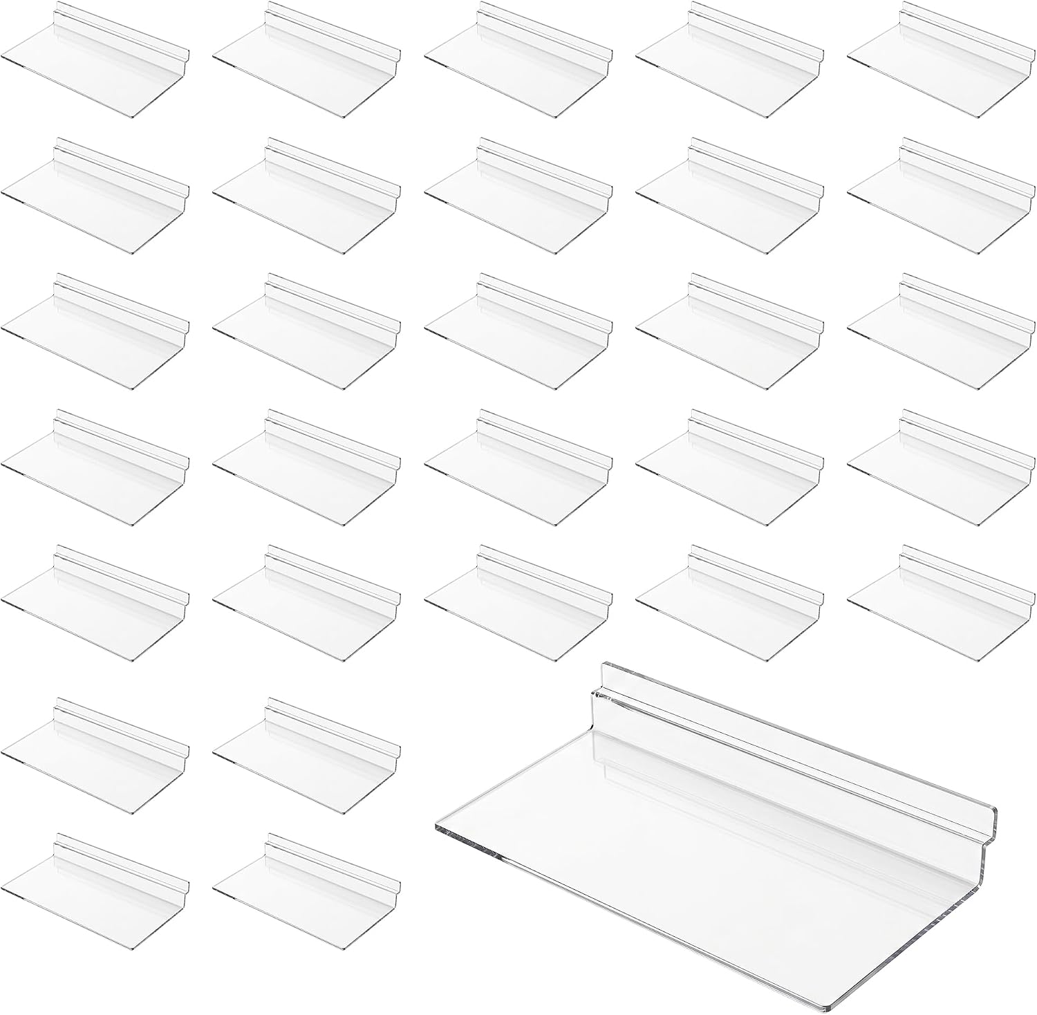 30 Pack Clear Acrylic Slatwall Shelves, 4.5 x 10 Inch Shoe Display | HEIHAK, Transparent Plastic Panels, Wall Mounted Racks, Sneaker Storage, Home Organization