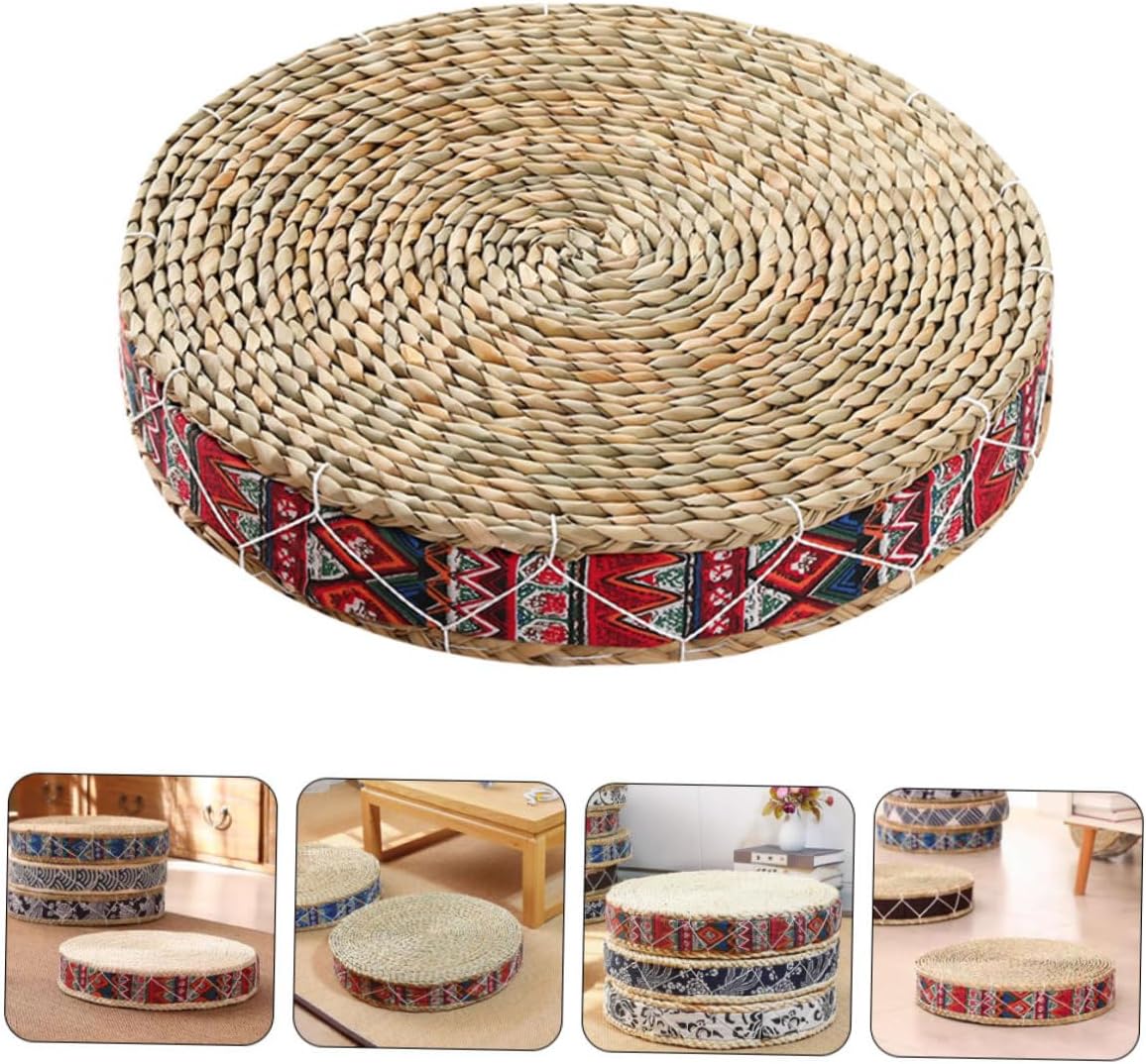 SECFOU Woven Floor Cushion 30cm Diameter X 7cm Height Genuine Rush Grass Tatami Seat Pad Traditional Meditation Floor Pillow for Home and Yoga Seating