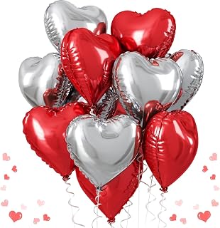 AMFIN® (Pack of 10) Silver Heart Foil Balloons - Valentine Combo & Proposal Shoot Balloons