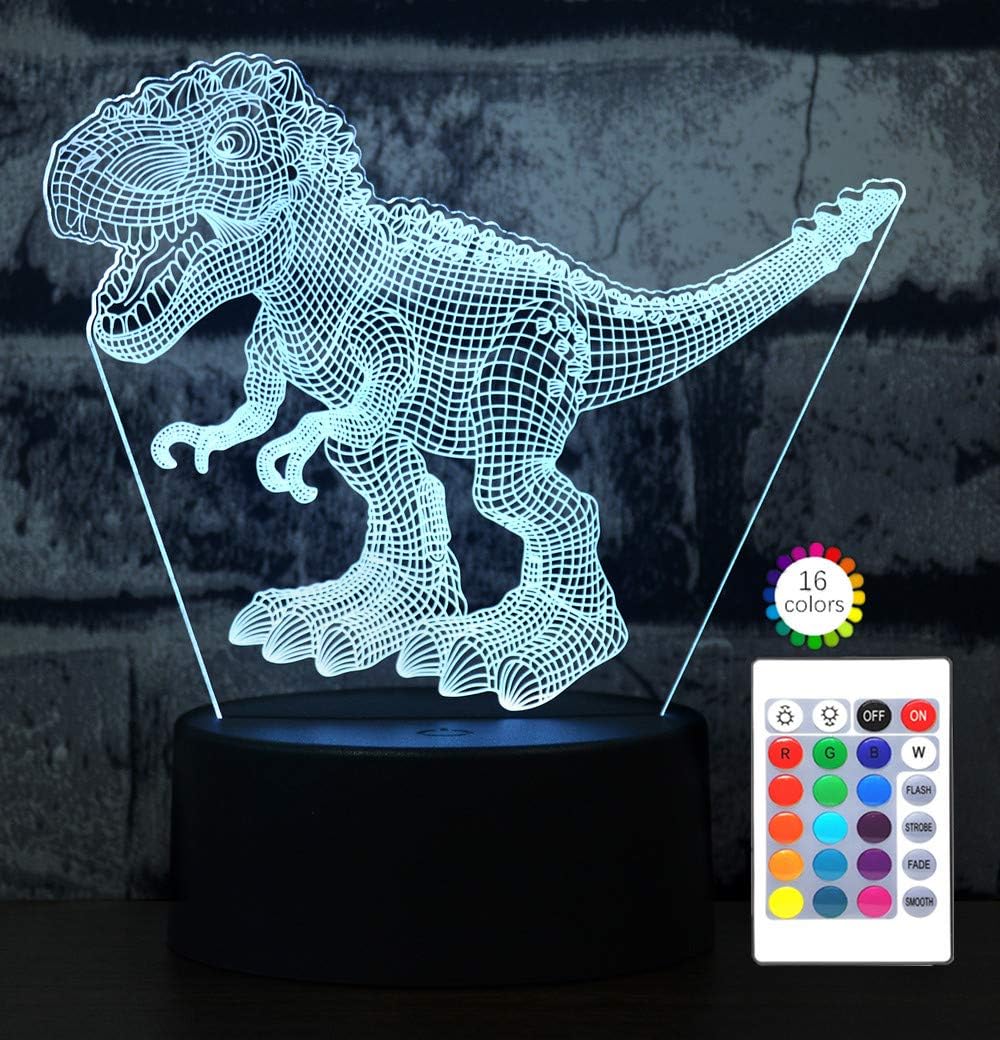 Dinosaur Night Light for Kids,T-rex 3D Illusion Table Desk Lamp 7 or 16 Colors Changing Dimmable Birthday Gift lamp with Touch & Remote Control LED Light - Dinosaur Toys for 3 4 5 6 7 8 Year Old Boys