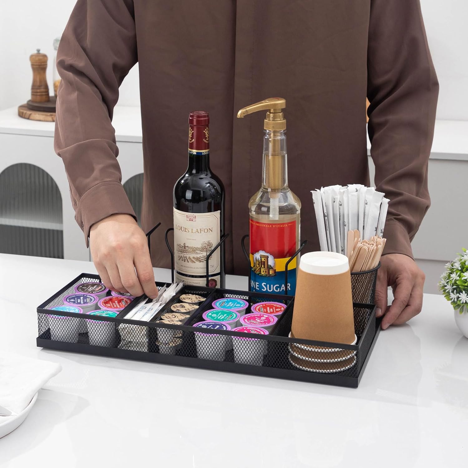 Coffee Bar Organizer, Coffee Station Organizer with Syrup Rack & Mesh Drawer - Holds 3 Bottles, K-Cups, Stirrers for Condiment & Bar Counter Storage
