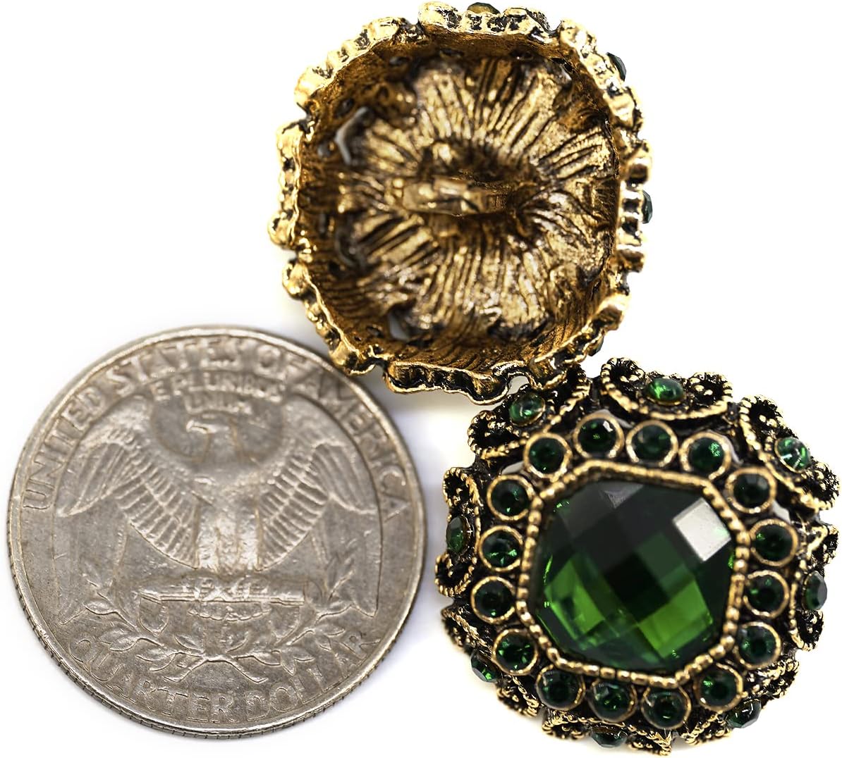 10 pcs Green Rhinestones Inlaid Retro Round Octagon Metal Shank Sewing Coat Buttons -25mm -1"