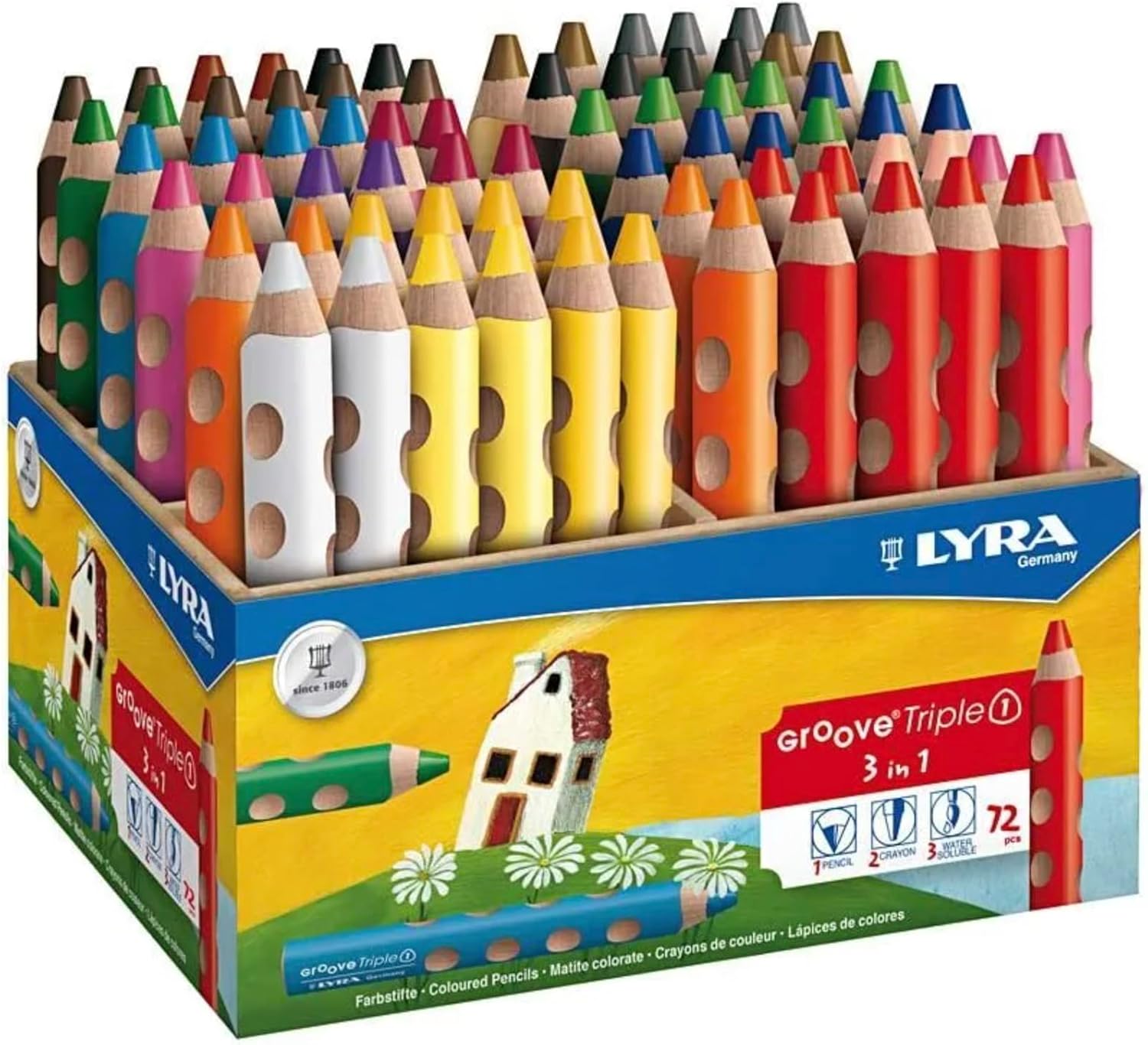 LYRA Groove Triple One Wooden Chunky Colouring Pencils 3 in 1, 72 Pencils, 6 Assorted Colours, Wooden Display, Ideal for Children and Schools