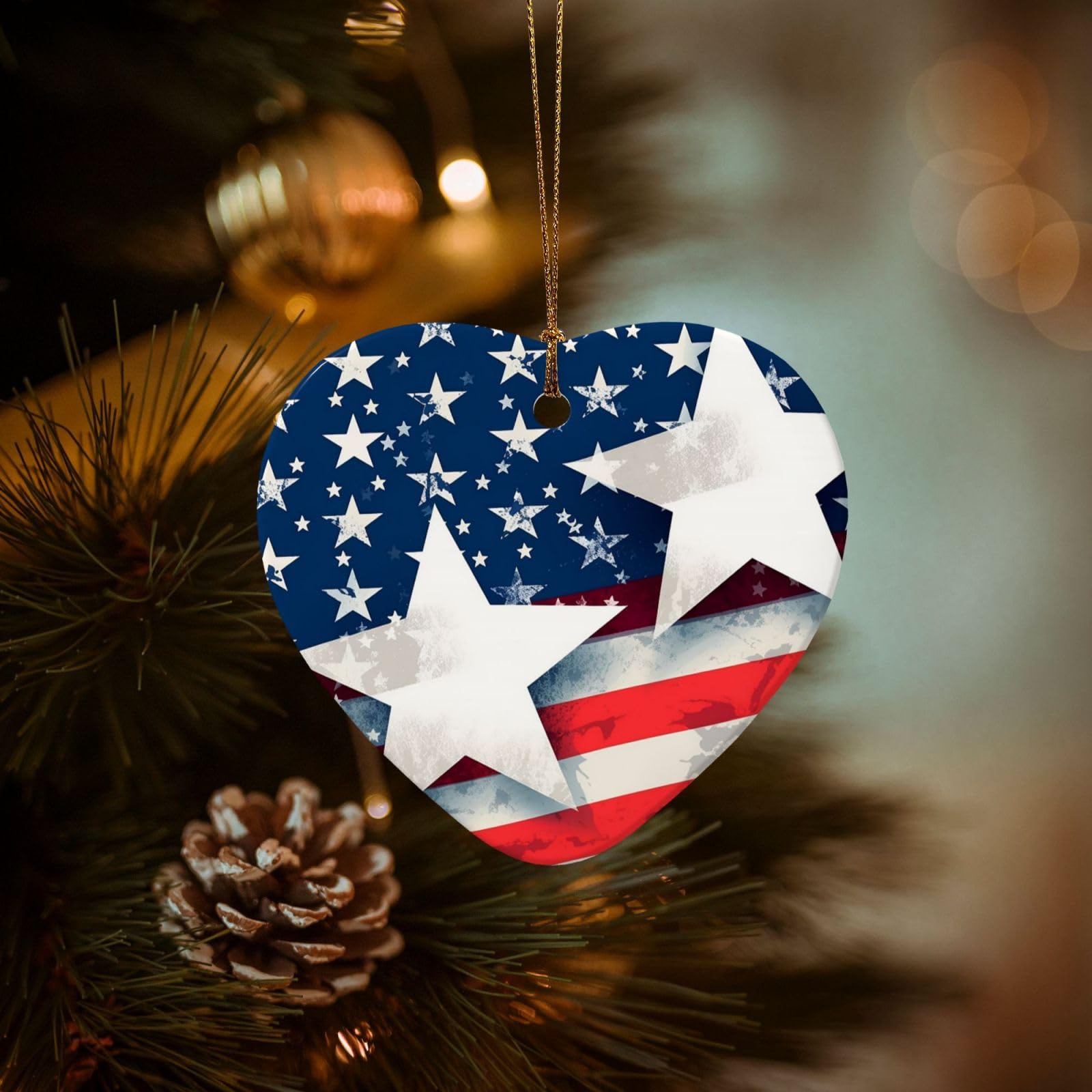 Christmas Tree Ornaments Ceramics Christmas Decorations Stars and American Flag Ornaments with Gold Ribbon Porcelain Xmas Tree Crafts Heart Shape Hanging Pendant for Christmas Tree Party Decor