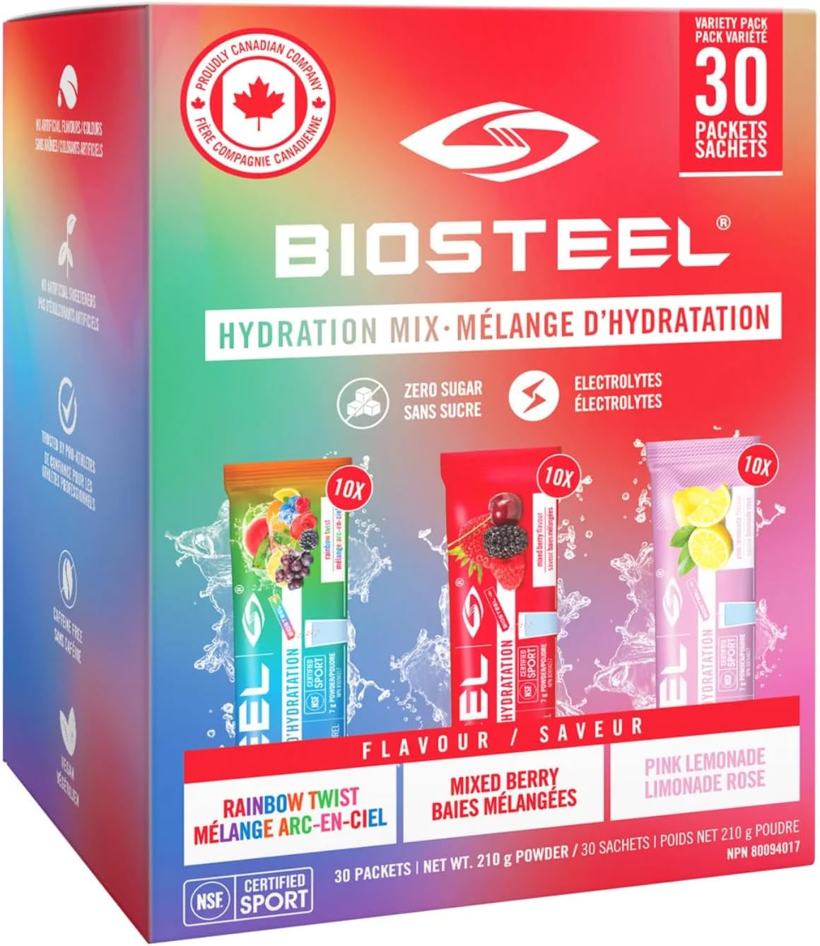 BIOSTEEL Zero Sugar Sports Hydration Mix Variety - Mixed Berry, Rainbow Twist & Pink Lemonade Flavours, 30 Packets