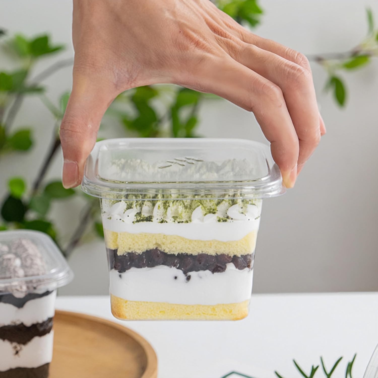 Nsmykhg Clear Dessert Cups with Lids and Sporks, 100 Pack 12 oz Disposable Parfait Cups with Carton Sticker, Square Plastic Appetizer Serving Cups for Party, Fruit, Oatmeal & Snacks