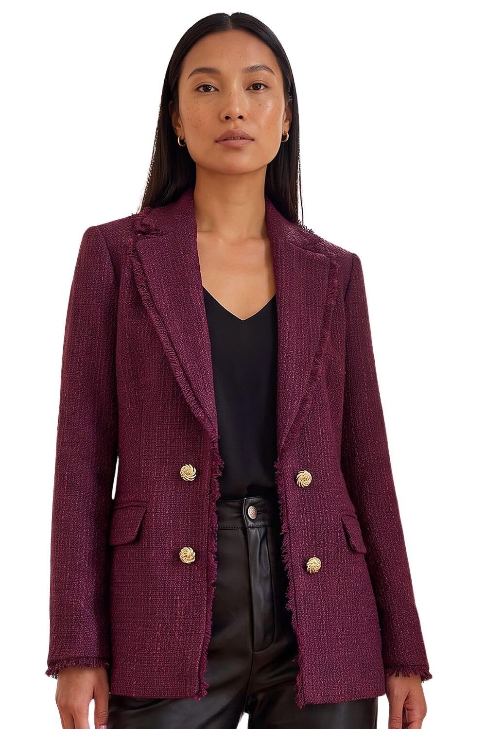 Roman Boucle Blazer for Women UK Ladies Frayed Edge Tailored Longline Rever Collar Jacket Lapel Stretch Smart Office Work Party Night Going Out Lined Classic