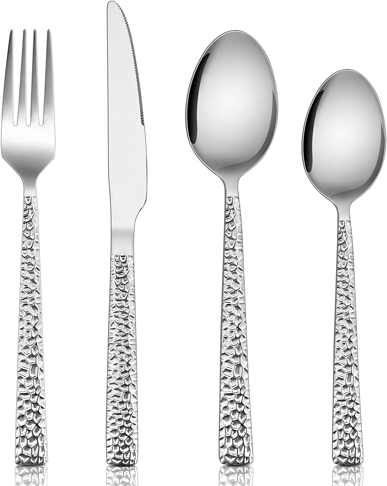Cutlery Set, Stainless Steel 32 Piece Cutlery Flatware Sets for 8 People, Hammered Silverware Dinnerware Set Included Metal Fork Knife Spoon, Mirror Finished, Dishwasher Safe