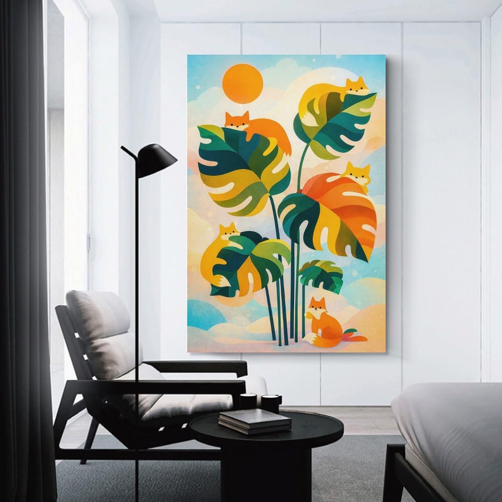 Junmoney Cute Foxes on Tropical Leaves Canvas Wall Decor, 20x30inch(50x75cm), for Bedroom, Guest Room Or Reading Nook, Canvas Wall Decor for Personal Spaces