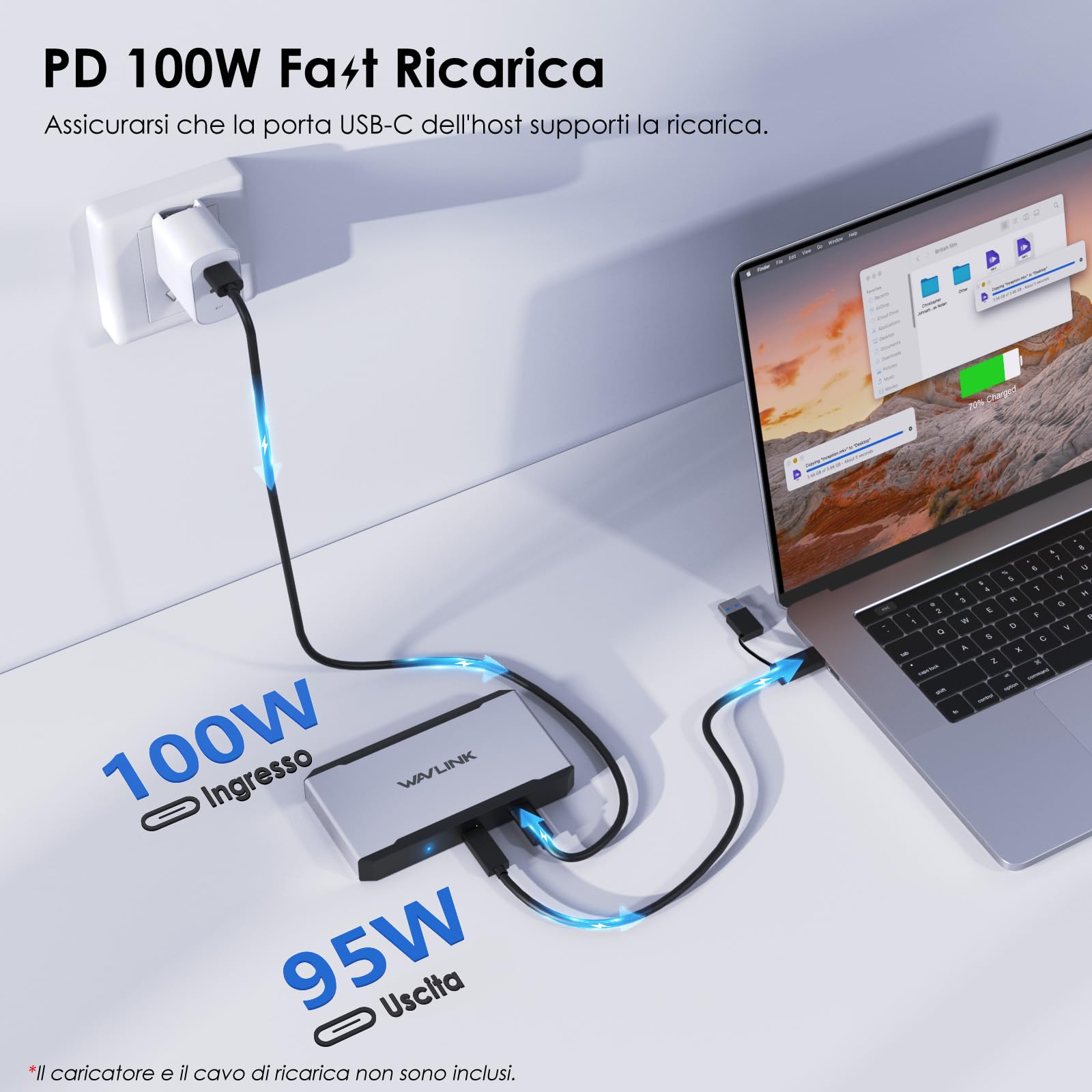 WAVLINK Docking station per 3 monitor per sistemi macOS M1/M2/M3/M4. Host Type-C/A, ingresso PD 100W, 3 HDMI + 2 DP disponibili, Triplo 4K@60Hz, Driver SMI e host USB3.2 Gen 2 richiesti