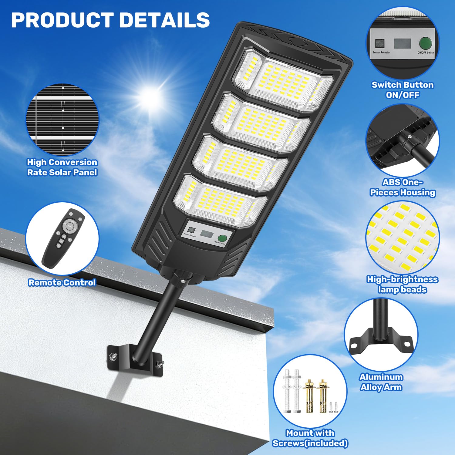 LEKIA Farolas Solares Exteriors, 600W Potente 192 LED Luz Solare Exterior con Sensor de Movimiento & Mando a Distancia, 6500K Focos Solares Exterior para Jardin, Garaje, Camino (2 Paquete)