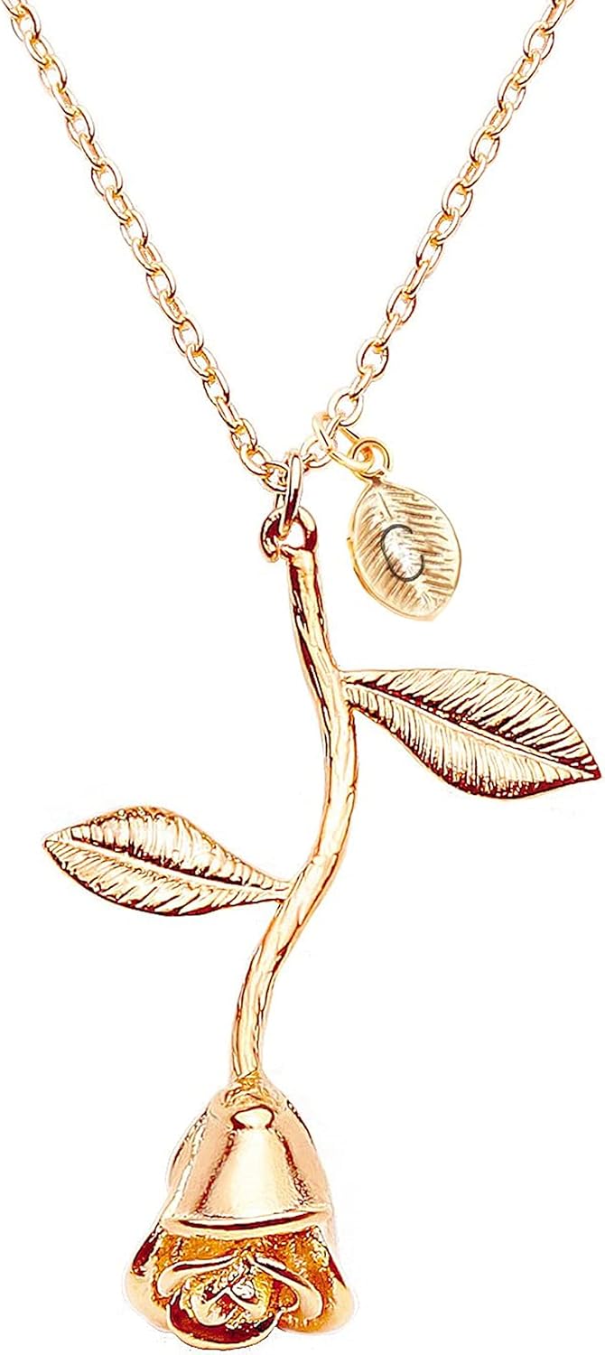 MignonandMignon Gold Plated Rose Pendant Necklace Initial Necklace Bridesmaid Jewelry Beauty and the Beast Rose Charm Neckalces for Women Birthday Mothers Day Gifts for Her-3MRN-L