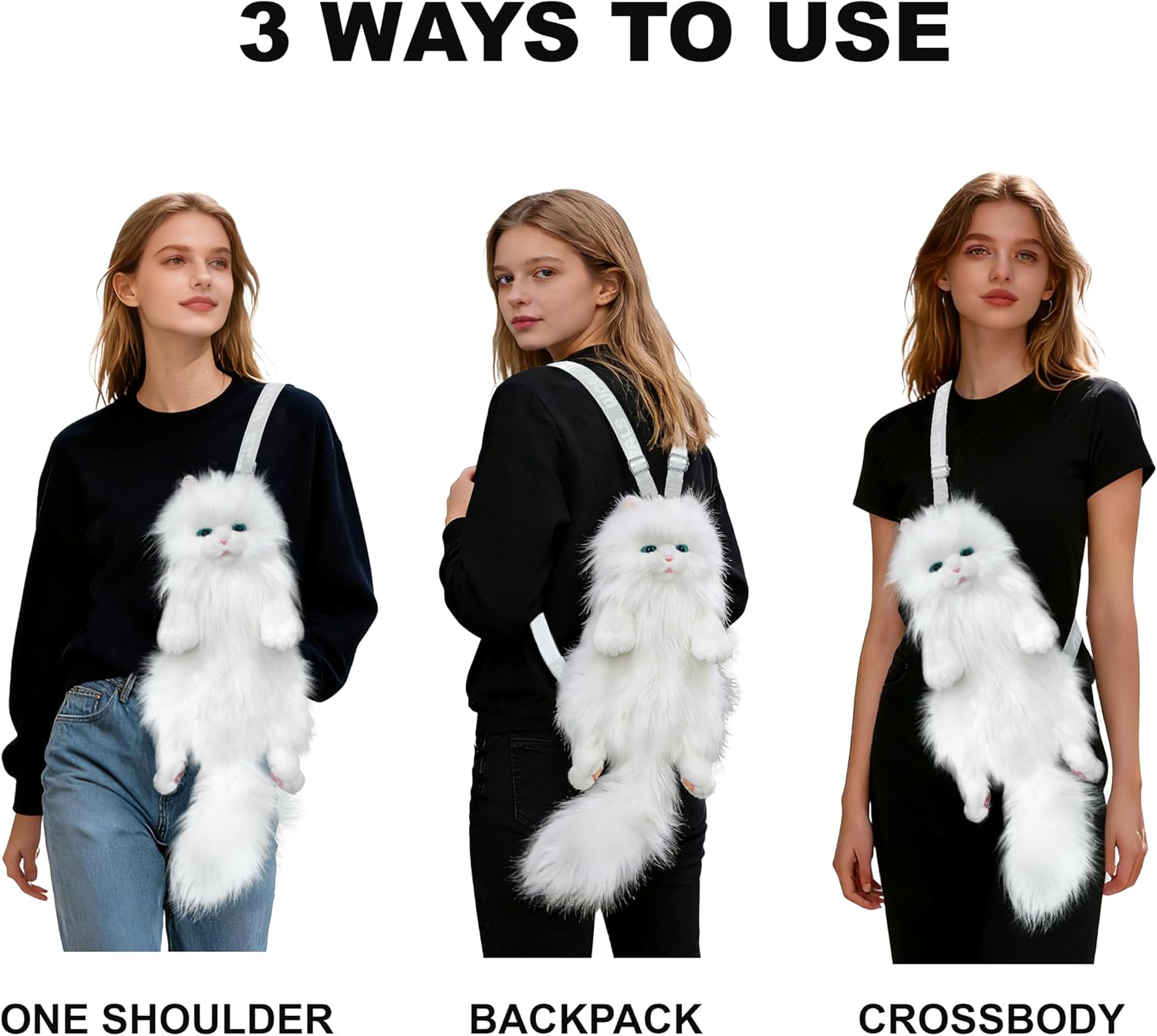 Interactive Realistic Cat Backpack with Moving Tail and Meow Sound, Motion Sensor White Persian Plush Bag, Electronic Robot Animal Purse with Adjustable Straps, Cute Interactive Toy for Women Girls