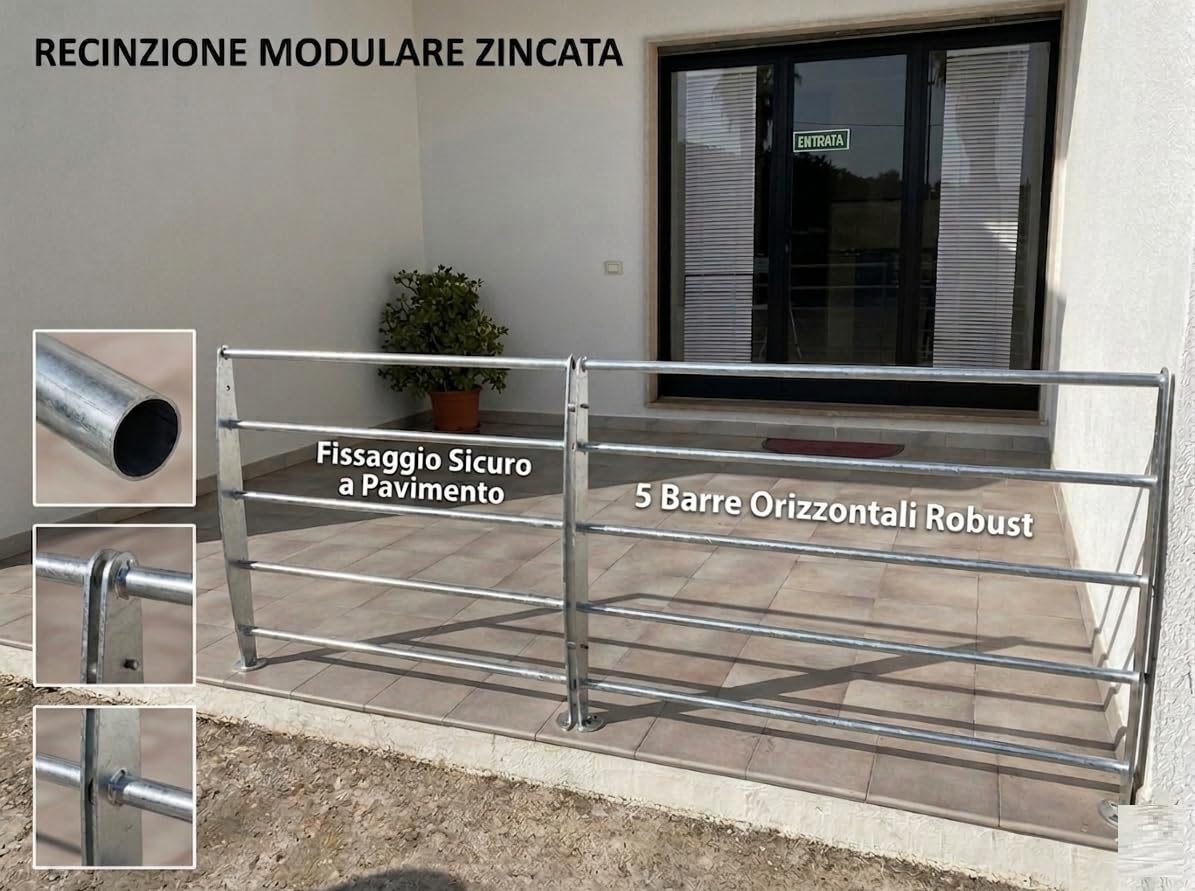 Fratelli Biasco Ringhiera Esterna Zincata, Recinzione Modulare a 5 Barre, Corrimano per Veranda e Giardino, Fissaggio a Pavimento, Modulo da 90X100 CM