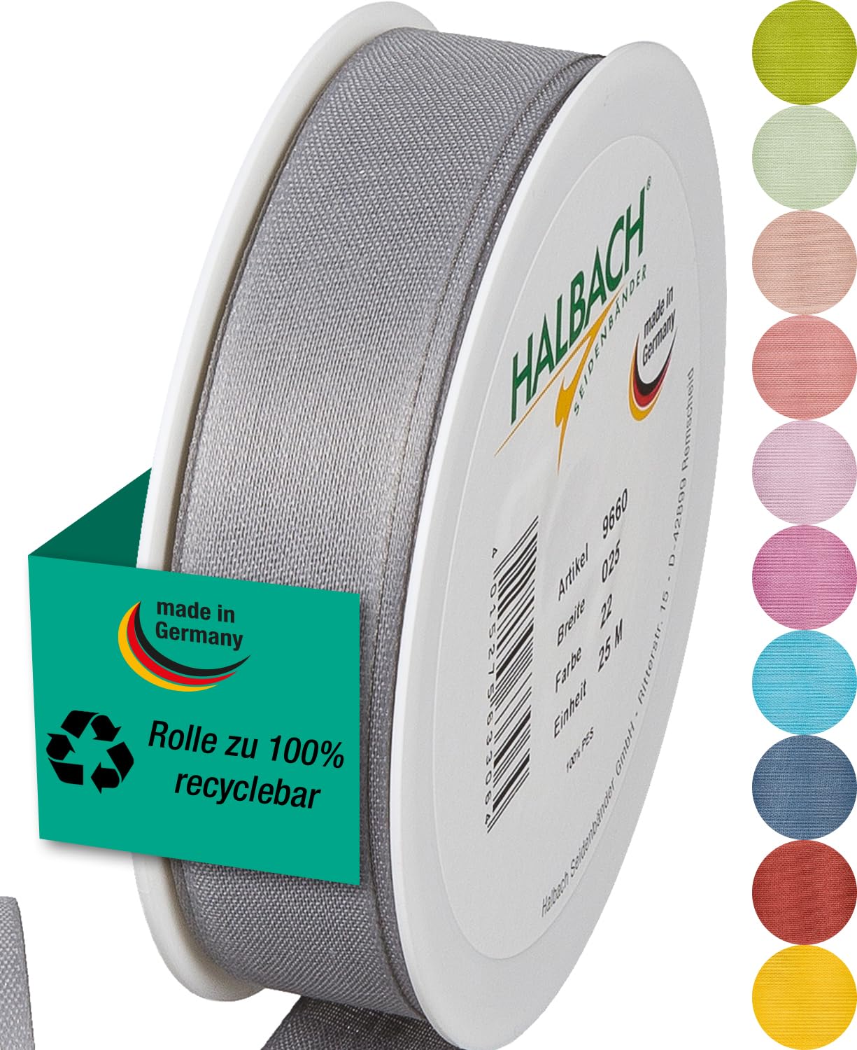 Halbach Silk Ribbons Gift Ribbon Width 25 mm Length 25 m Ribbon Made in Germany Gift Ribbons in a Variety of Colours and Widths Perfect for Packaging and Decorating, Colour: Grey