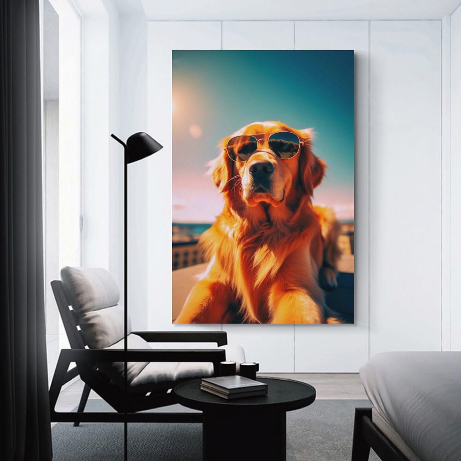 Dog and Tiger with Large Gold Chain Canvas Painting Wall Art Nordic Posters and Prints Wall Picture Kids Room Decor 19.6x27.5(50x70cm)x2 No Frame