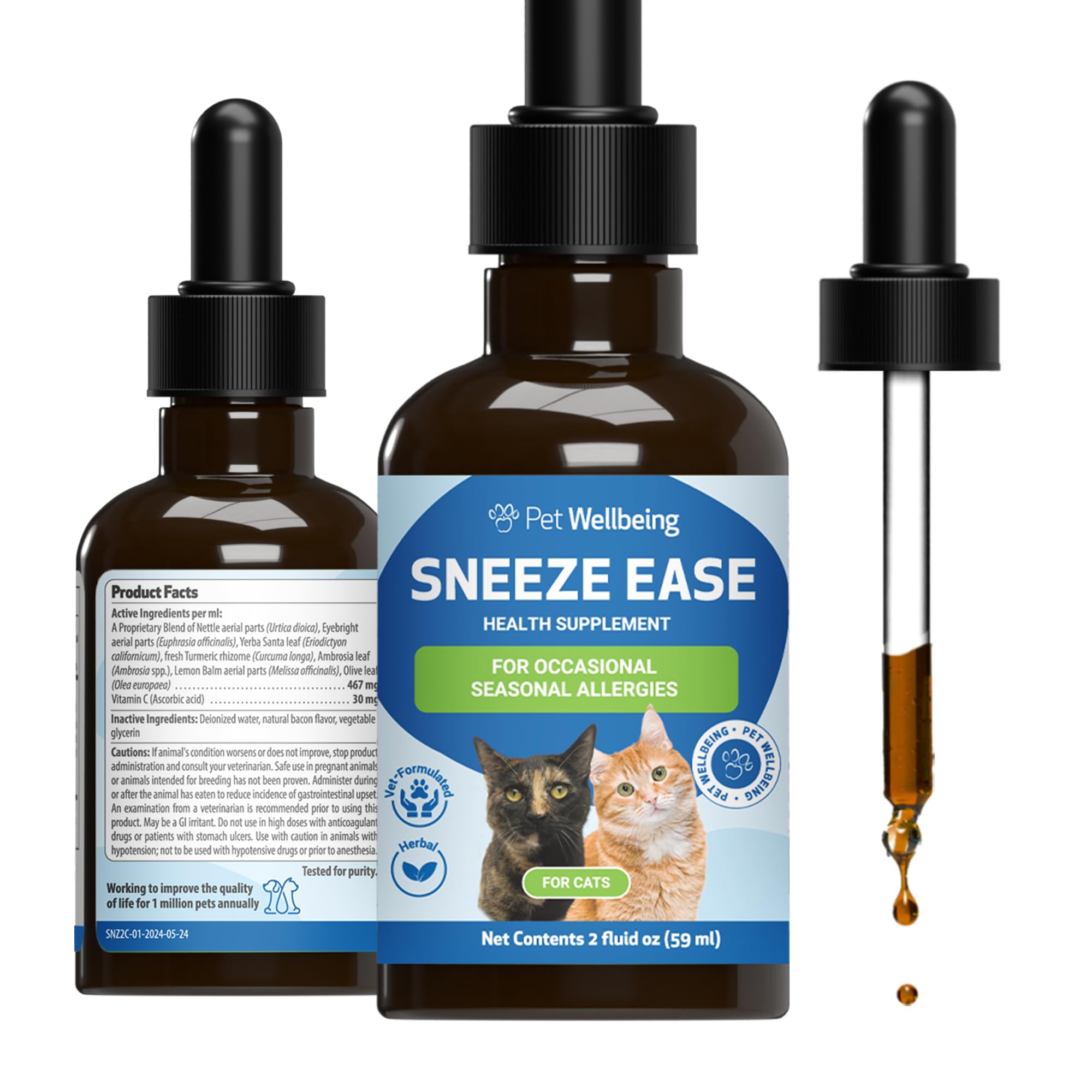 Pet Wellbeing Sneeze Ease for Cats - Occasional Sneezing, Seasonal Allergies, Nose and Eye Discomfort, Eyebright, Nettles - Veterinarian-Formulated Herbal Supplement 2 oz (59 ml)