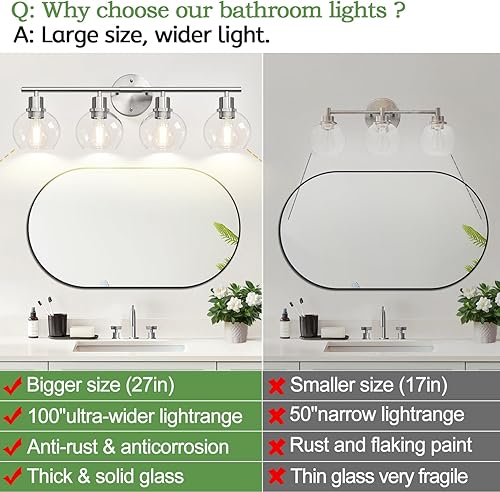 Miniatura 70 de Lámparas de baño de 4 luces actualizadas 2024, modernas luces doradas de tocador sobre espejo con pantalla de globo de vidrio transparente, apliques