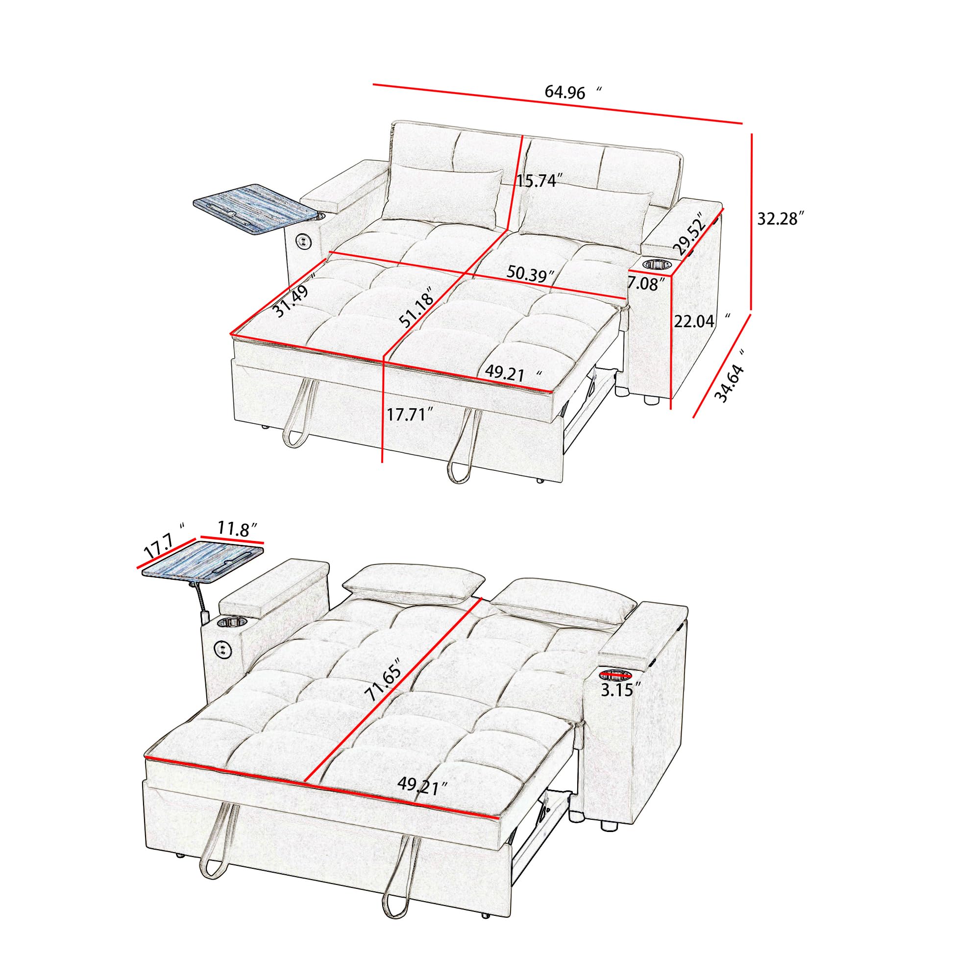 65'' 3-in-1 Folding Convertible Sofa Bed, Pullout Sofa, Modern Chenille Fabric, 360° Swivel Side Table, Easy Assembly, Perfect for Living Room, Black