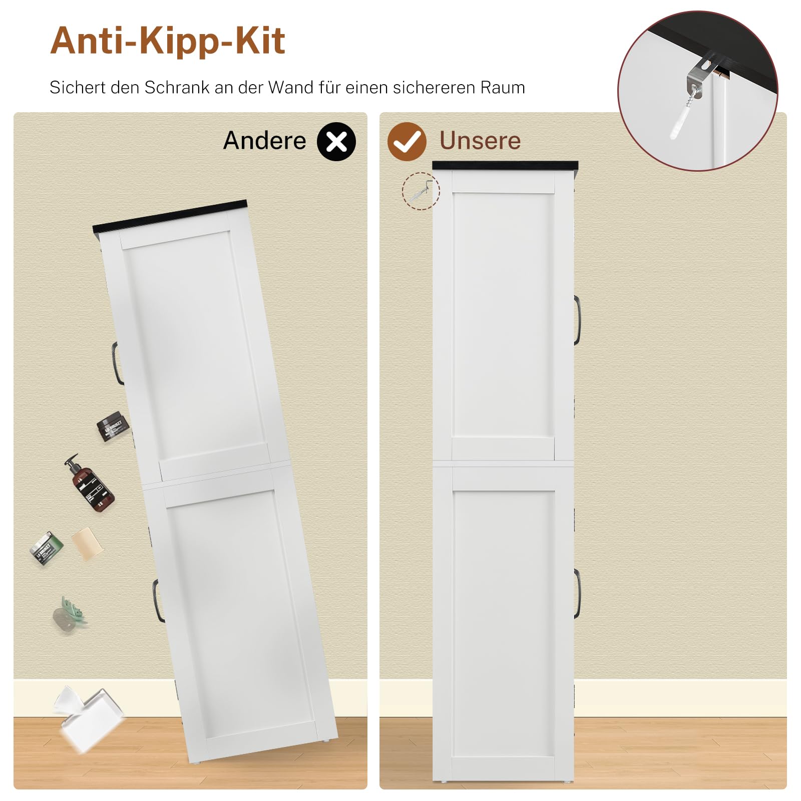 TEENFON 148 cm Küchenschrank 4 Scheunentüren, Mehrzweckschrank mit 2 Feste Regale & 1 Verstellbare Regale, Vorratsschrank für Küche, Esszimmer, Wohnzimmer, Badezimmer - 60 x 30 x 148 cm - Weiß