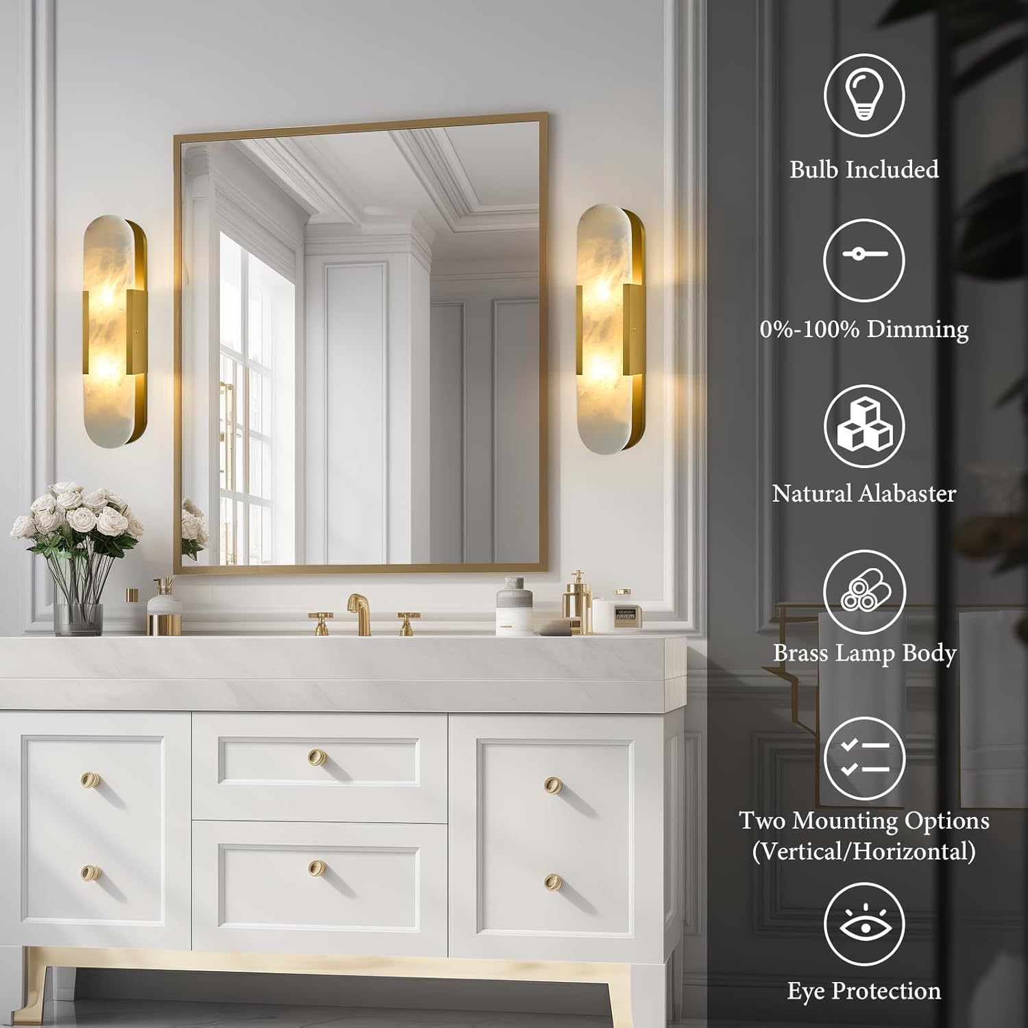 Alabaster Brass Oval Wall Sconce - Natural Spanish Stone Indoor Lighting Fixture - Luxury Modern Gold Dimmable Sconces with Bulb - Elongated Brushed Vanity Light for Bathroom Bedroom Living Room Decor