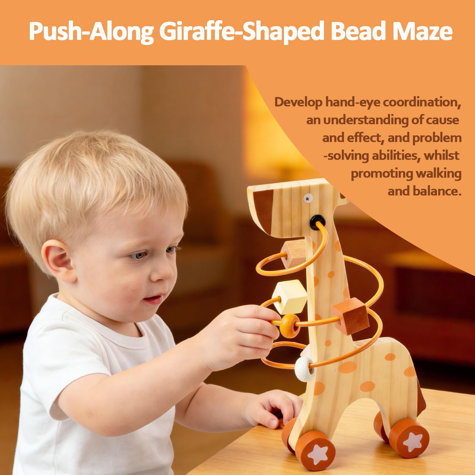Giochi in Legno Montessori 5 in 1, Regali Bambini 1 Anno, Motricità Fine Bambini 1 2 3 Anni, Giocattolo Educativo Multiattività Bimbo con Torre Impilabile, Xilofono, Labirinto Perline