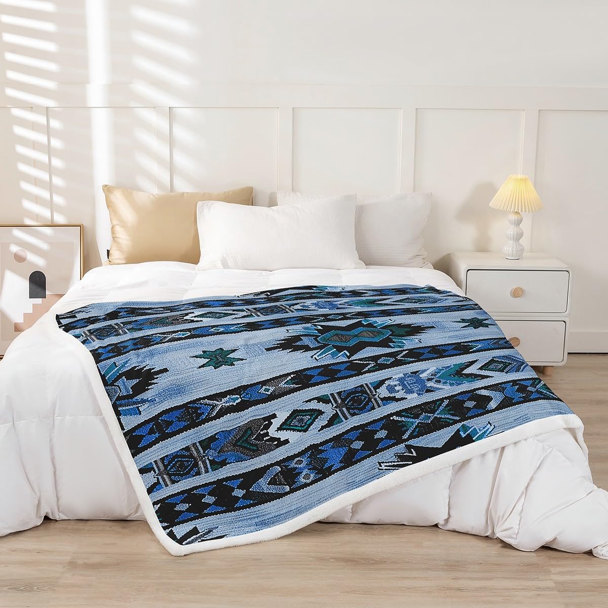Feelyou Blue Southwestern Fleece Throw Blanket Throw 50"x60" Geometric Plush Blanket for Bed Sofa Couch Tribal Exotic Style Native American Indian Design Sherpa Blanket Stripe Line Fuzzy Blanket