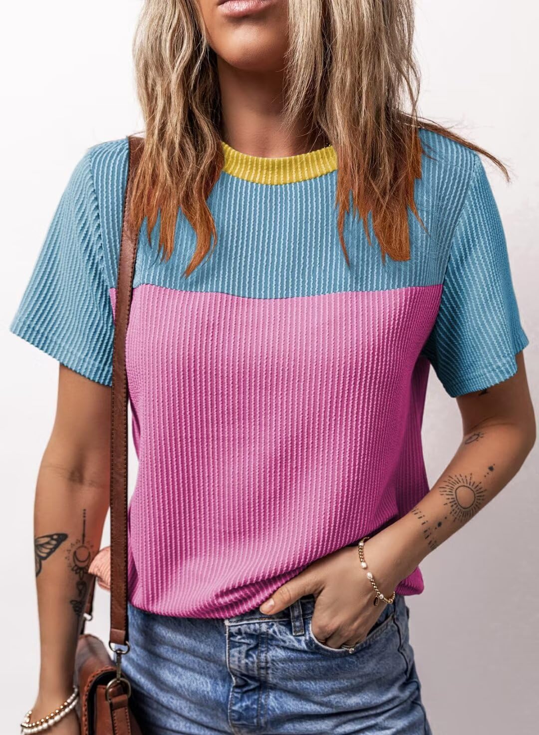 BLENCOT Women Tops Color Block Crewneck Casual Oversized Tshirts Knit Summer Tees Blouse S-2XL - Image 9