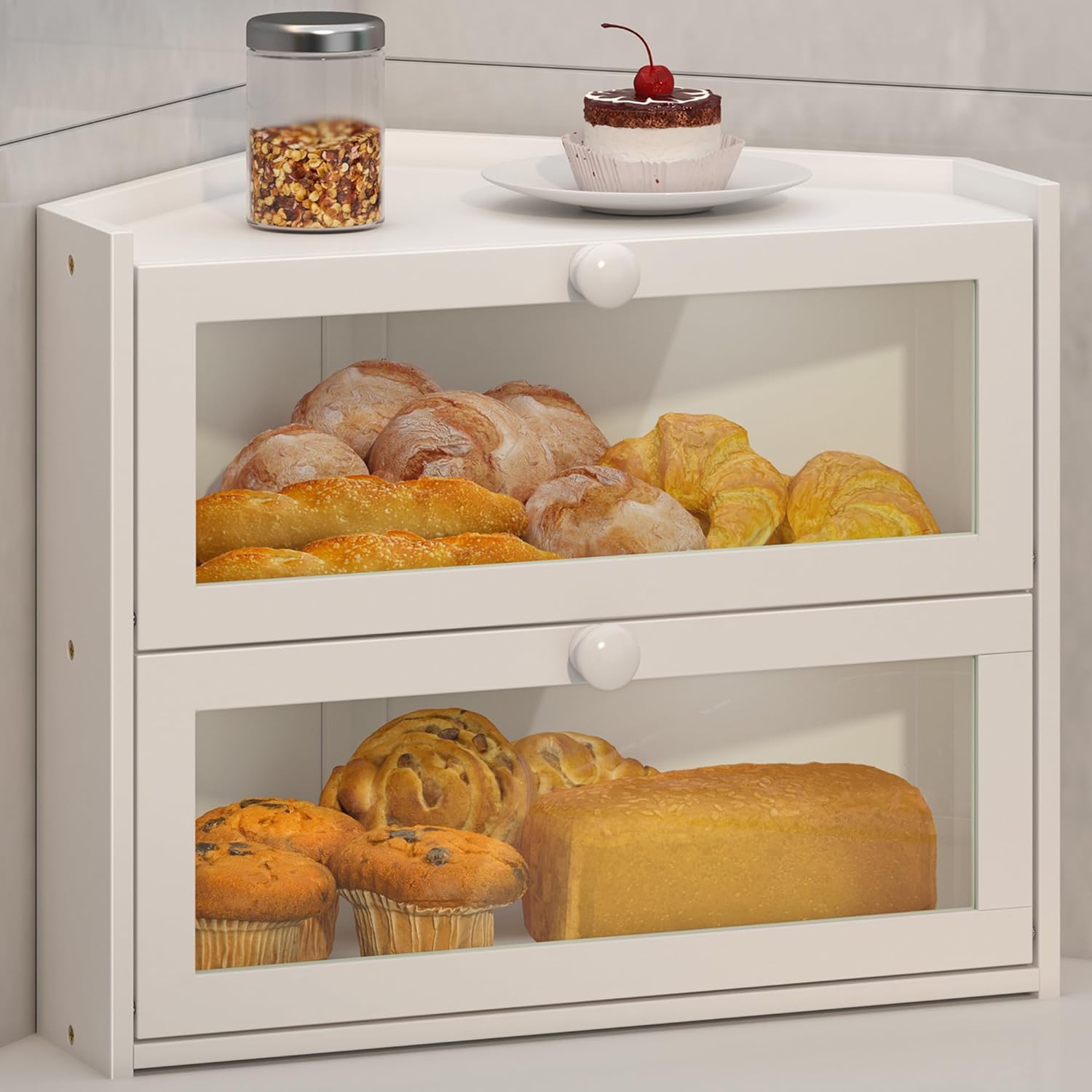 Corner Bread Box for Kitchen Countertop, Large Bread Container Storage Bamboo Wooden Farmhouse Bread Box with Window Bread Holder (White)