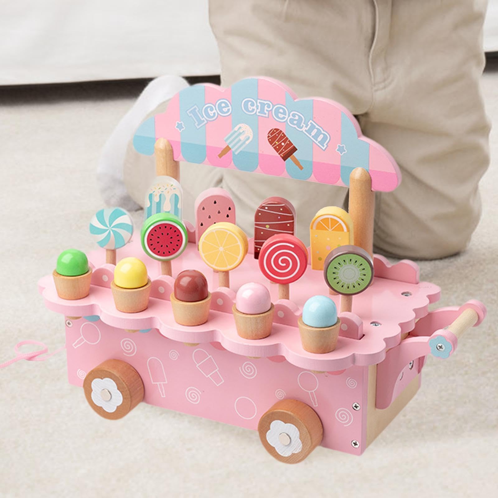 Set di Giocattoli in Legno a Forma di Gelato per Giochi di Ruolo in Cucina, Set Educativo in Legno con Cibo Giocattolo per Bambini dai 3 agli 8 Anni, Rosa