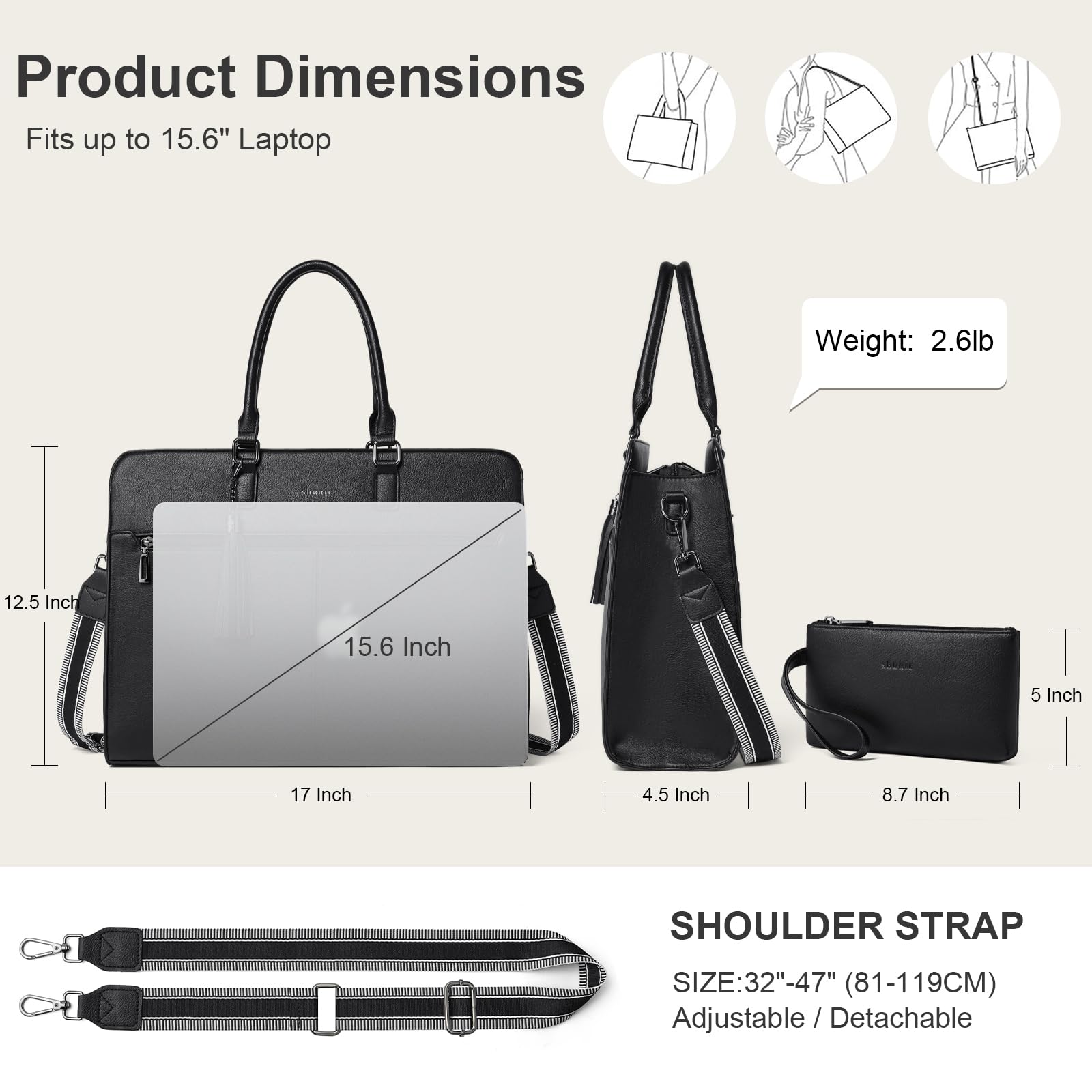 Shrrie Bolsa para Portátil Mujer 15.6 Pulgadas, Bolso de Cuero PU Impermeable con Correas Dobles y Bolso Embrague, Bolso Bandolera Shopper Multiusos para Oficina Universidad Trabajo Diario
