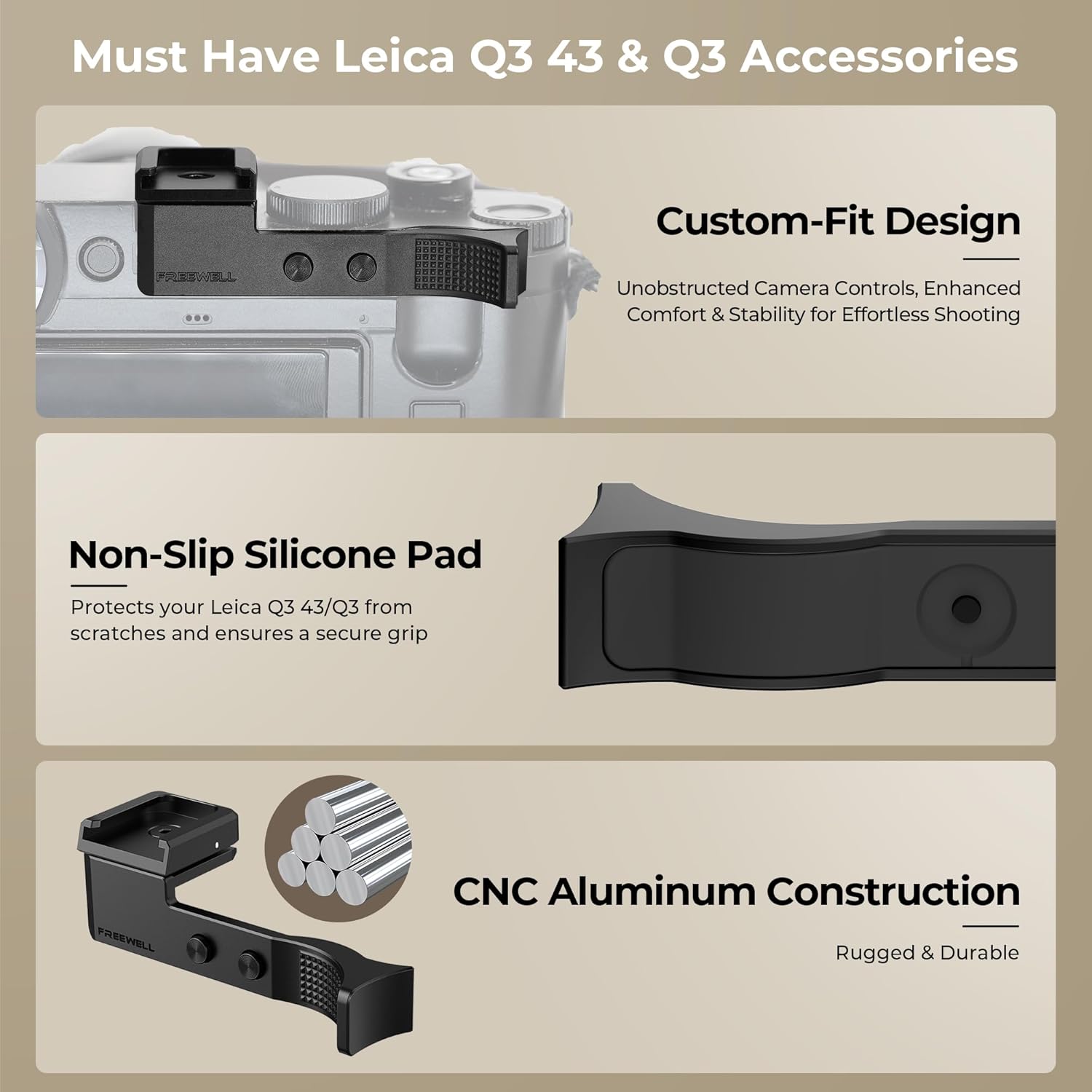 Freewell Thumb Grip for Leica Q3 43/Q3 with Cold Shoe Mount, CNC Aluminum, Scratch-Proof Silicone Padding - Image 3