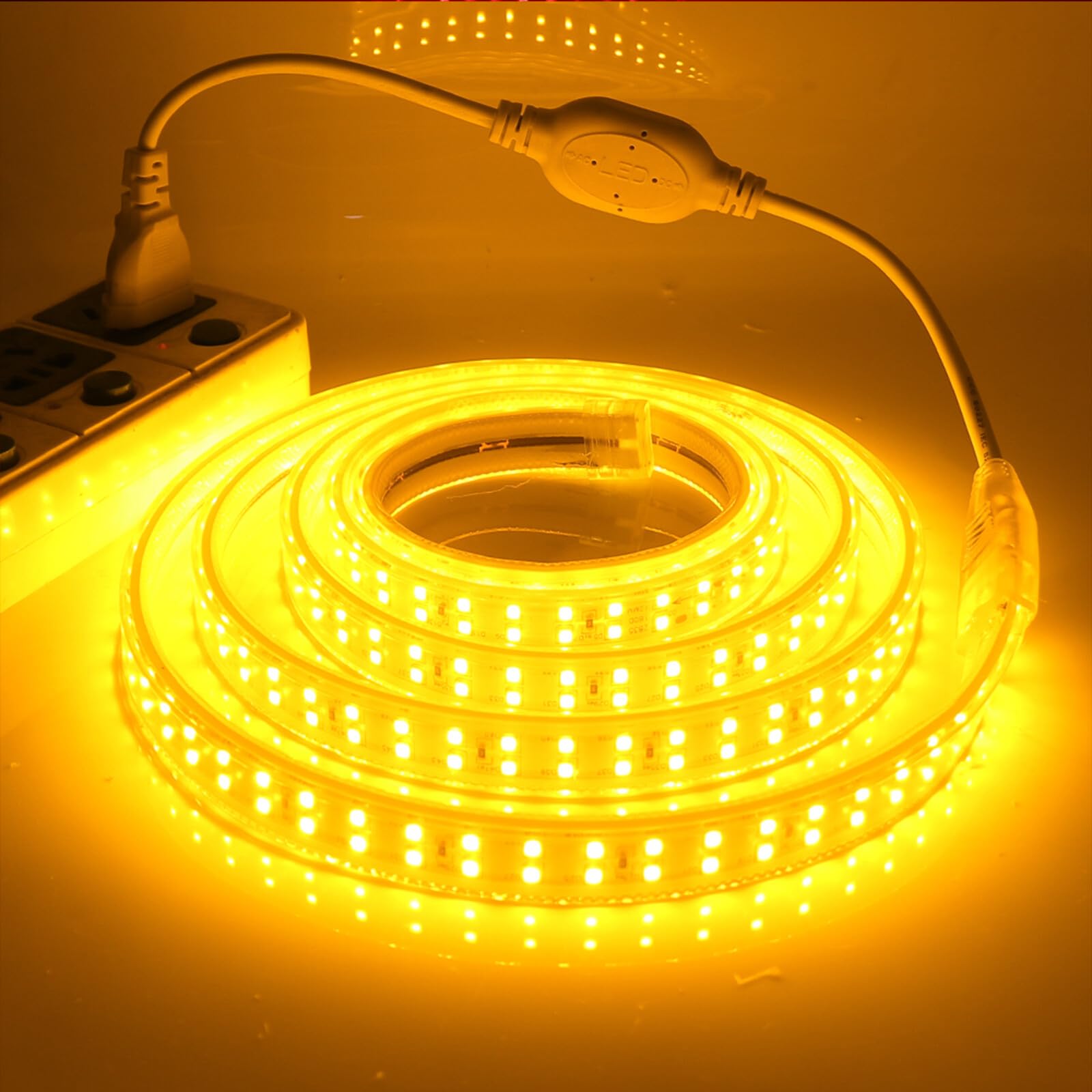 Tira LED de doble fila 220V [50M, Amarillo], IP67 impermeable flexible, SMD2835, 180 LEDs/m Guirnaldas luminosas cortable CRI85+, iluminación decorativa para hogar/comercios