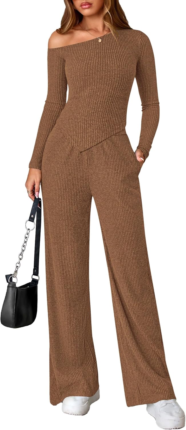 PRETTYGARDEN Fall Two Piece Sets For Women 2026 Off Shoulder Tops Long Pants Knit Matching Lounge Set Airport Travel Outfits