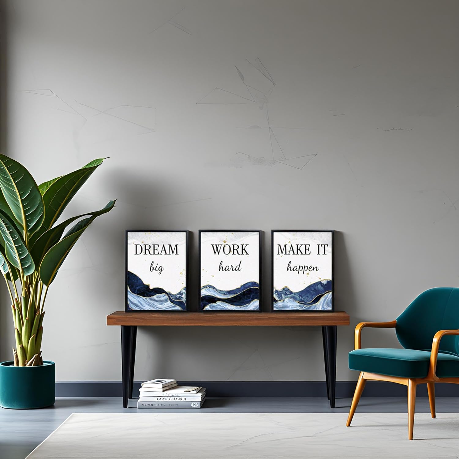 LevvArts Motivational Office Decor Dream Big Work Hard Make It Happen Inspirational Quotes Wall Art Prints Blue and Gold Artwork (Blue) - Image 3