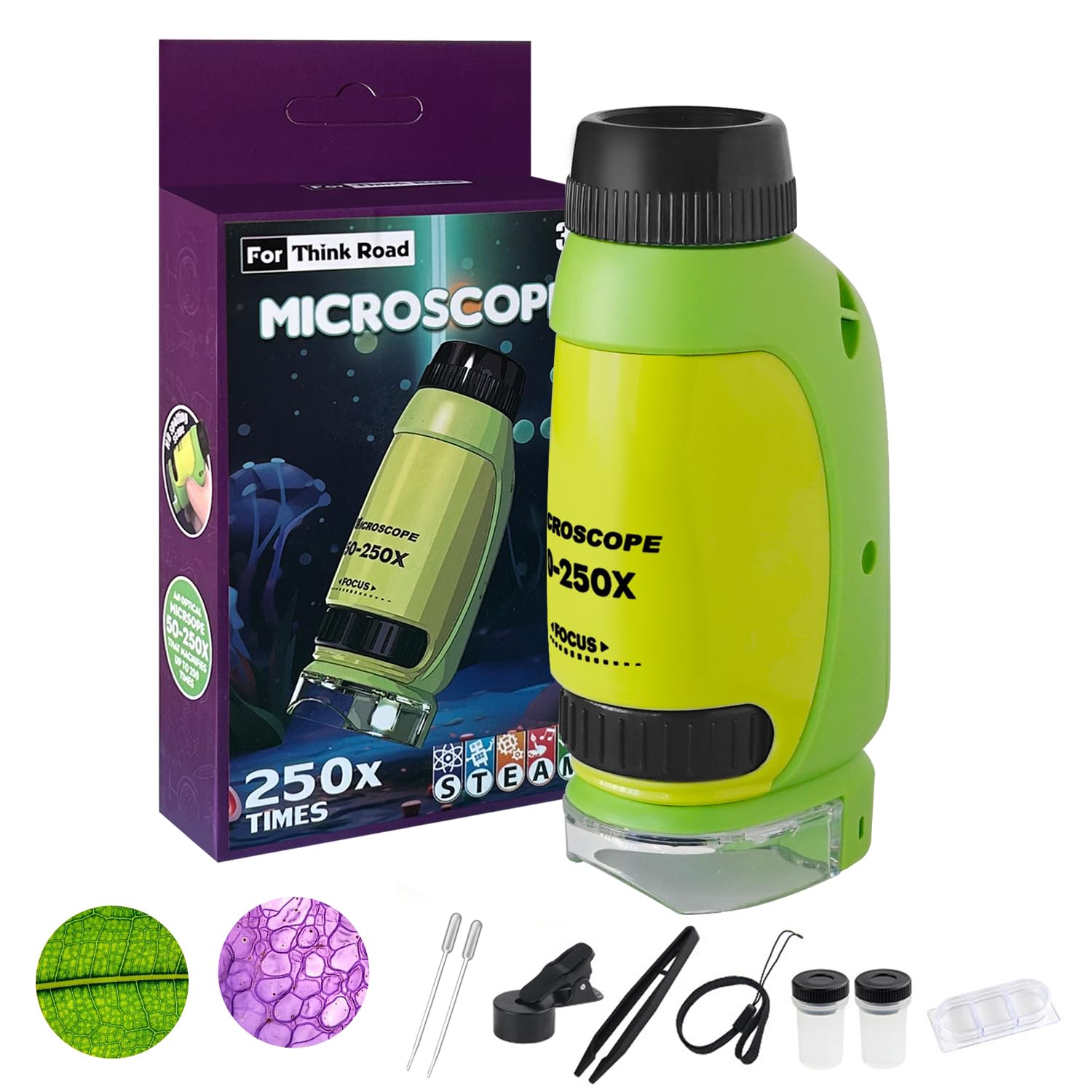 50X-250X Mini Microscope de Poche, Microscope pour Adultes Enfant, avec Adaptateur téléphonique, Pince à épiler (Vert&Jaune)