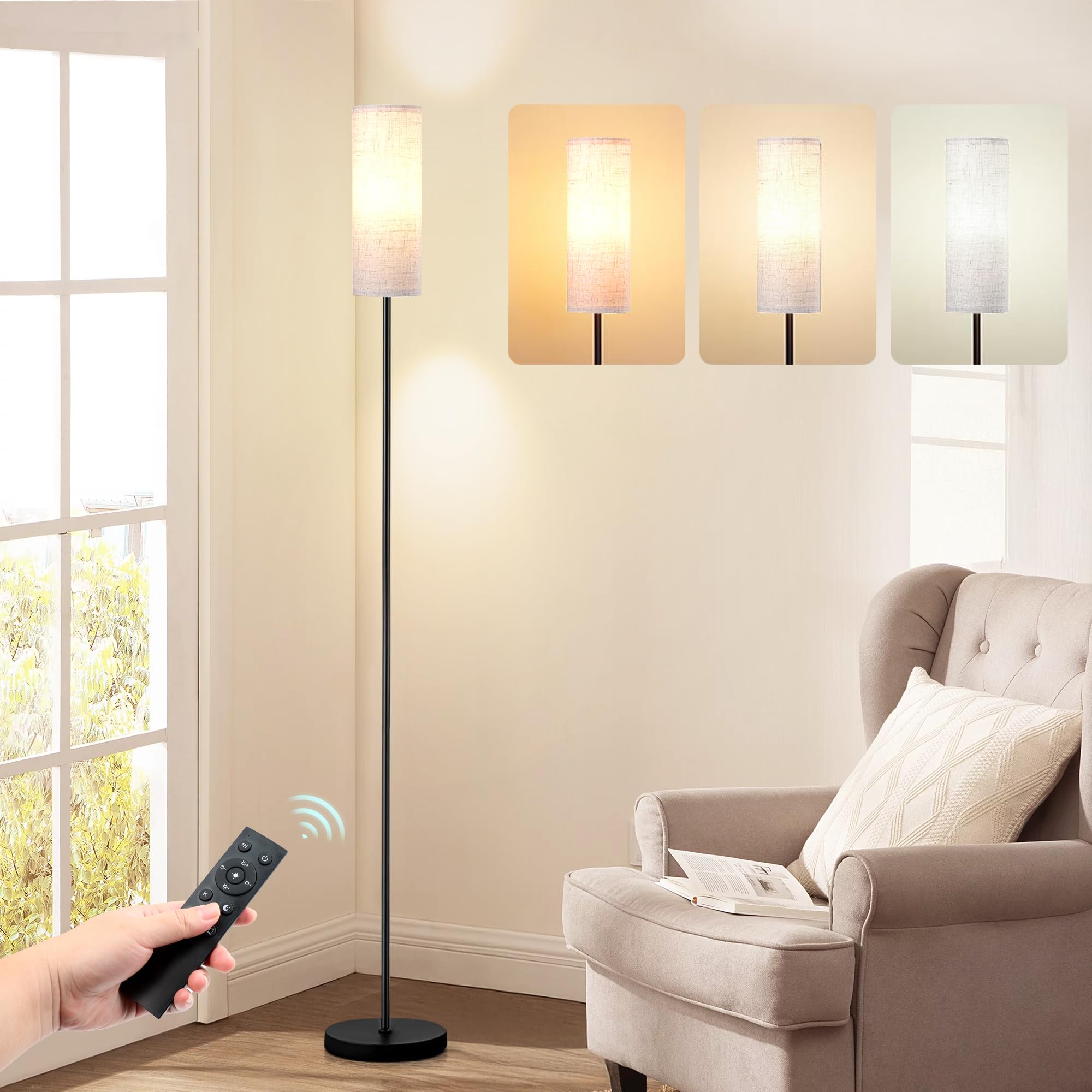 68" Modern Floor Lamp with 3 Color Temperatures, Foot Switch, Linen Shade Black Metal Pole – Tall Standing Lamp for Living Room, Bedroom, or Office – LED Bulb Included, Easy Assembly (Beige)