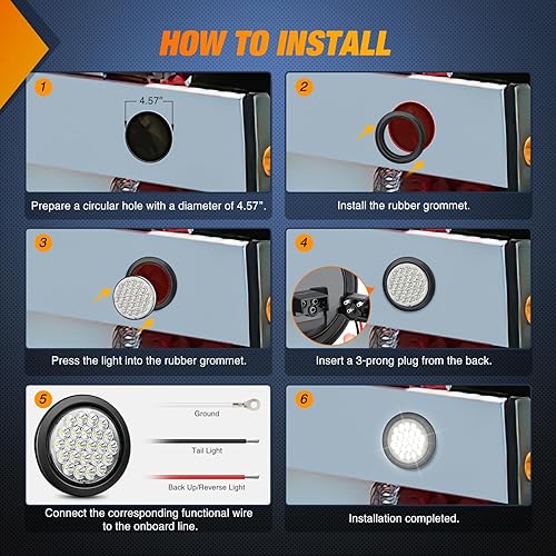 Miniatura 5 de Nilight Luz trasera redonda de 4 pulgadas para remolque, 4 unidades, luces intermitentes de freno blancas y rojas con ojales de montaje empotrado,