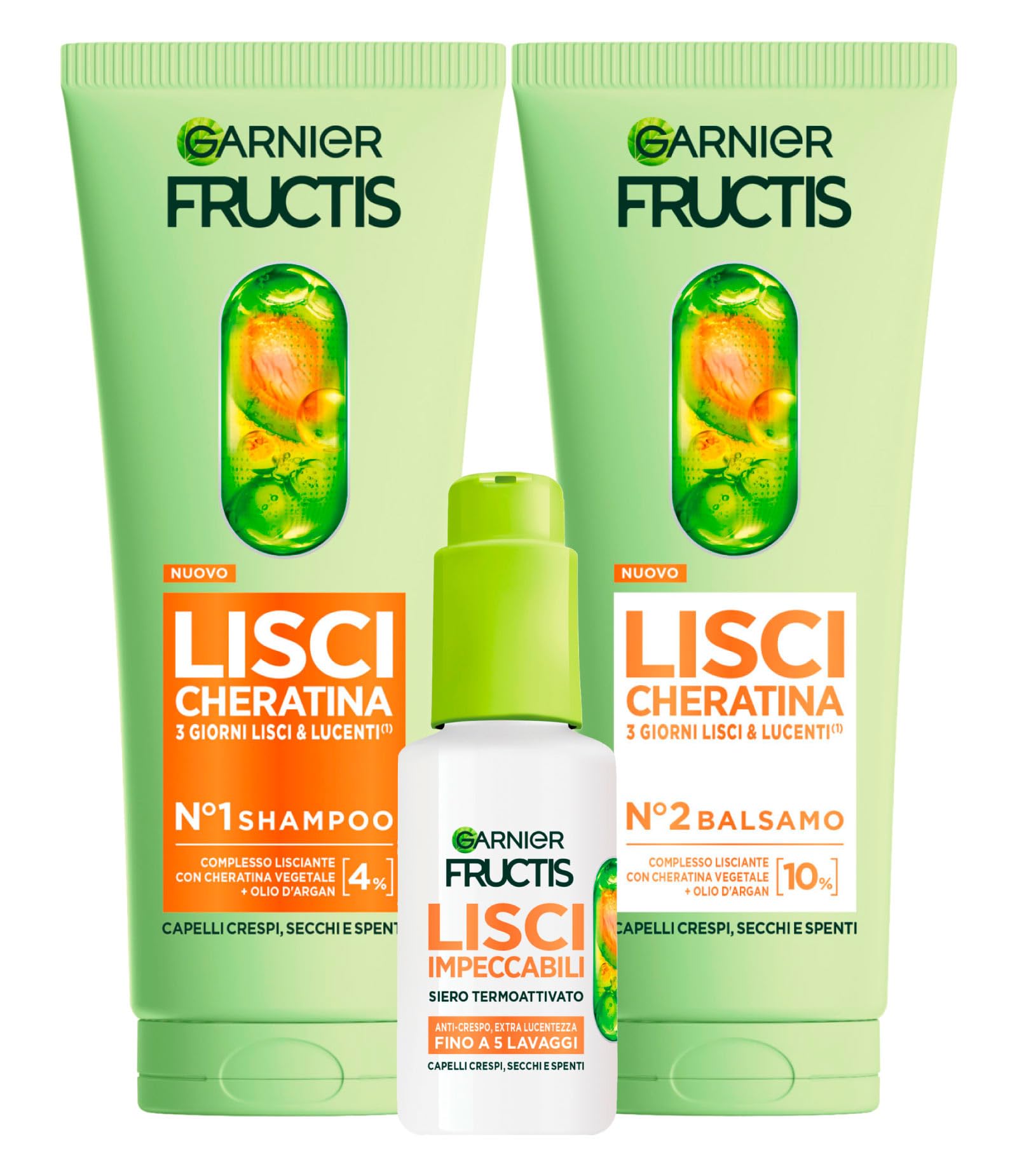 Garnier Fructis Lisci Cheratina Set Shampoo 200ml + Balsamo Trattamento Lisciante Cheratina Vegetale e Olio di Argan 200ml + Siero Termoprotettore Lisci Impeccabili 50ml per Capelli Crespi - Set da 3