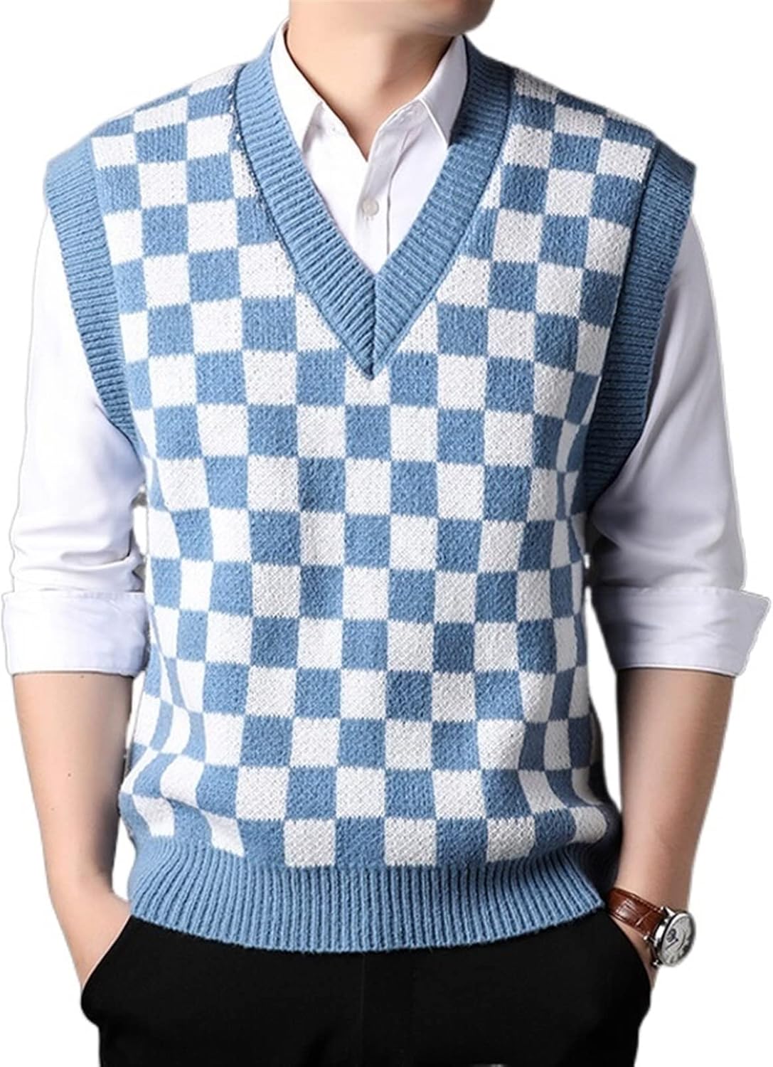 ZOKOL Men Knit Vest Checkered Checkboard Plaids Sleeveless