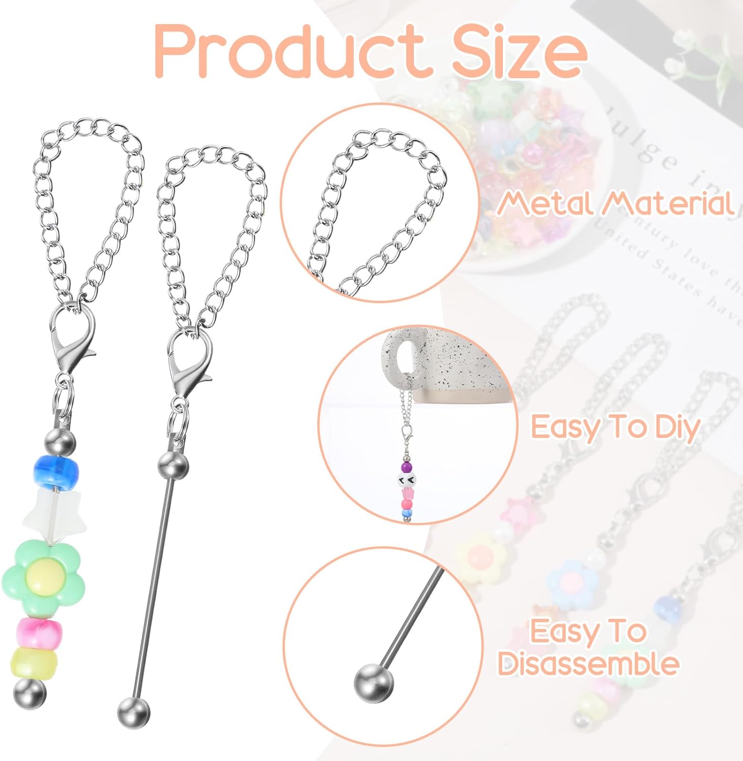 46 Pcs Beaded Cup Charms for Tumblers Compatible with Stanley Charm Accessories with Handle Cup, Silver Beadable Keychains Bulk Bar Chain DIY Blank Beaded Bottle Accessories