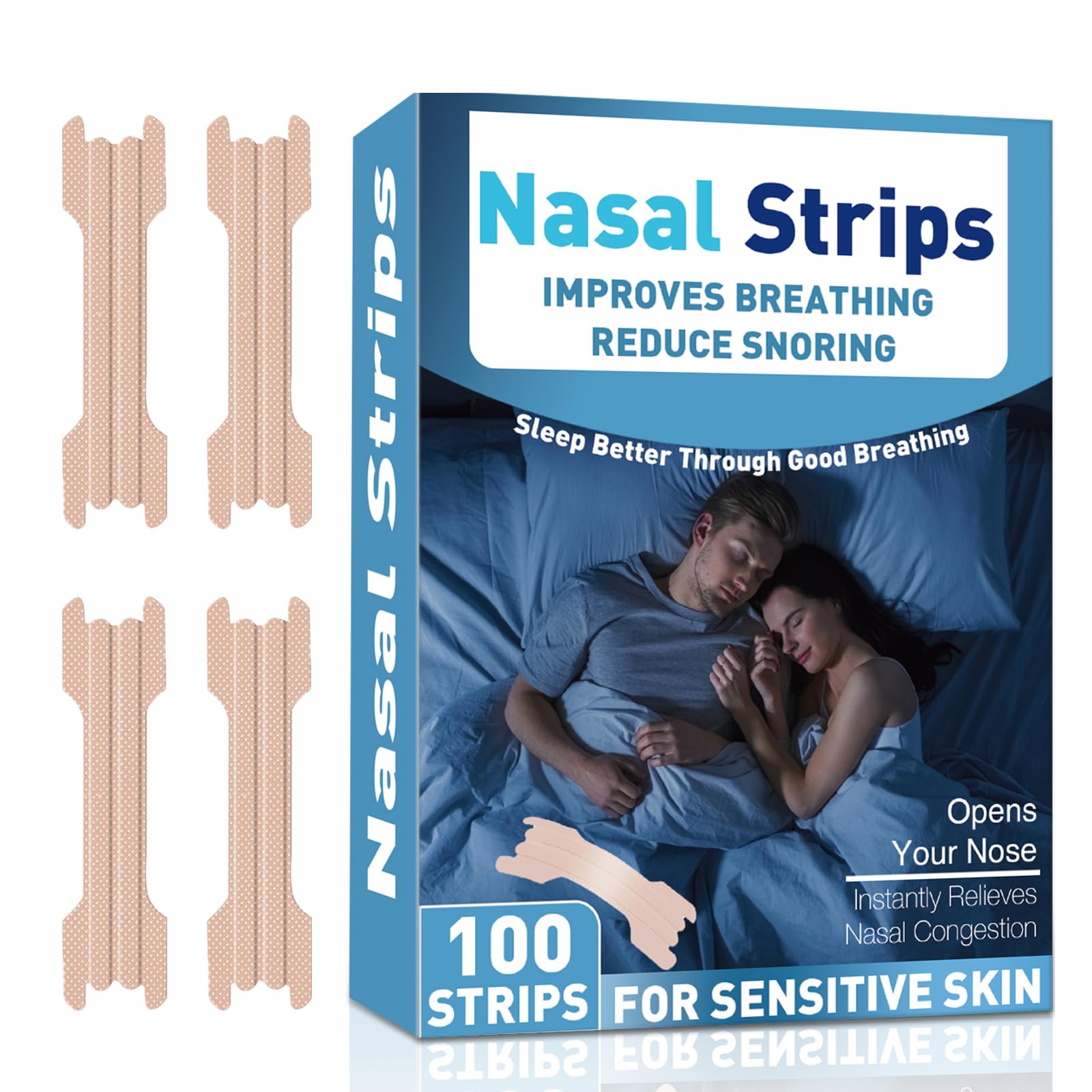 Nasal Strips for Snoring, 100 Pcs Nose Strips Comfortable Fit, Improved Airflow, Relieve Nasal Congestion, Extra Strength Anti Snoring Solution for Men and Women