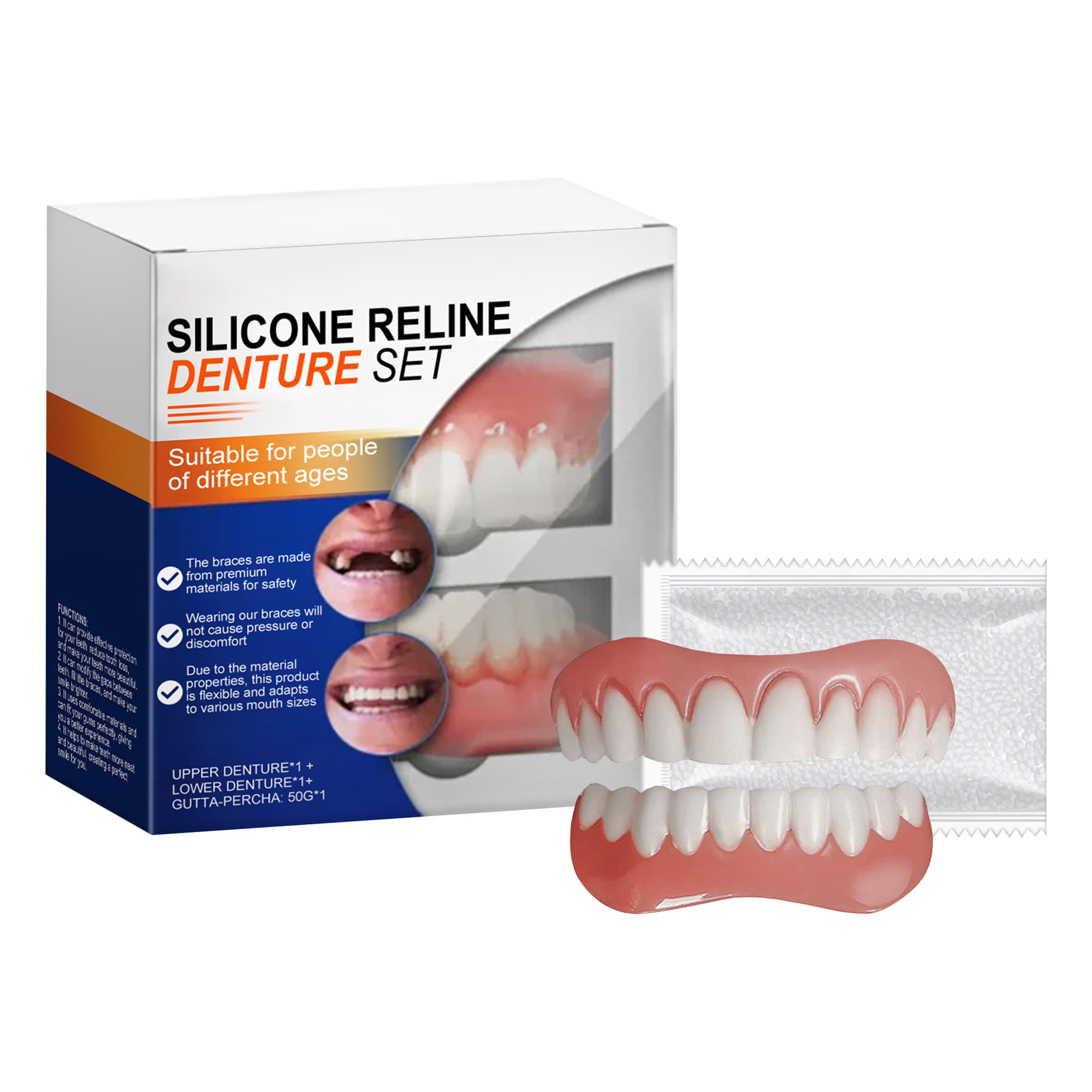 義歯修飾ブレース、SorriBemシリコーン入れ歯 Bikenda Silicone Reline Denture Set シリコン義歯 シリコーンそう入れ歯 着脱可能な美白付け歯【入れ歯上下 】歯がない人用入れ歯 変色しない 簡易つけば歯 ポータブル 快適なつけ心地 簡単操作再利用可能 男女兼用
