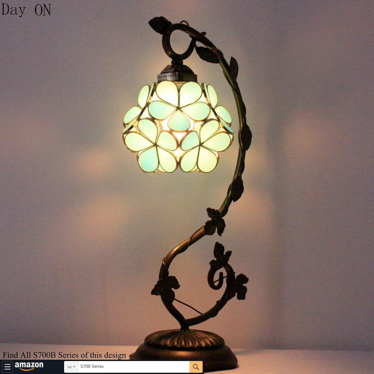 Buу 1 gеt 1 Bedside Tiffany Table Lamp Stained Glass Reading Desk Light Blue Petal Copper Style Metal Leaf Thin Base 21 Tall for Small Space Living Room Bedroom Memory Lamp Sympathy WERFACTORY LED Bulb Included