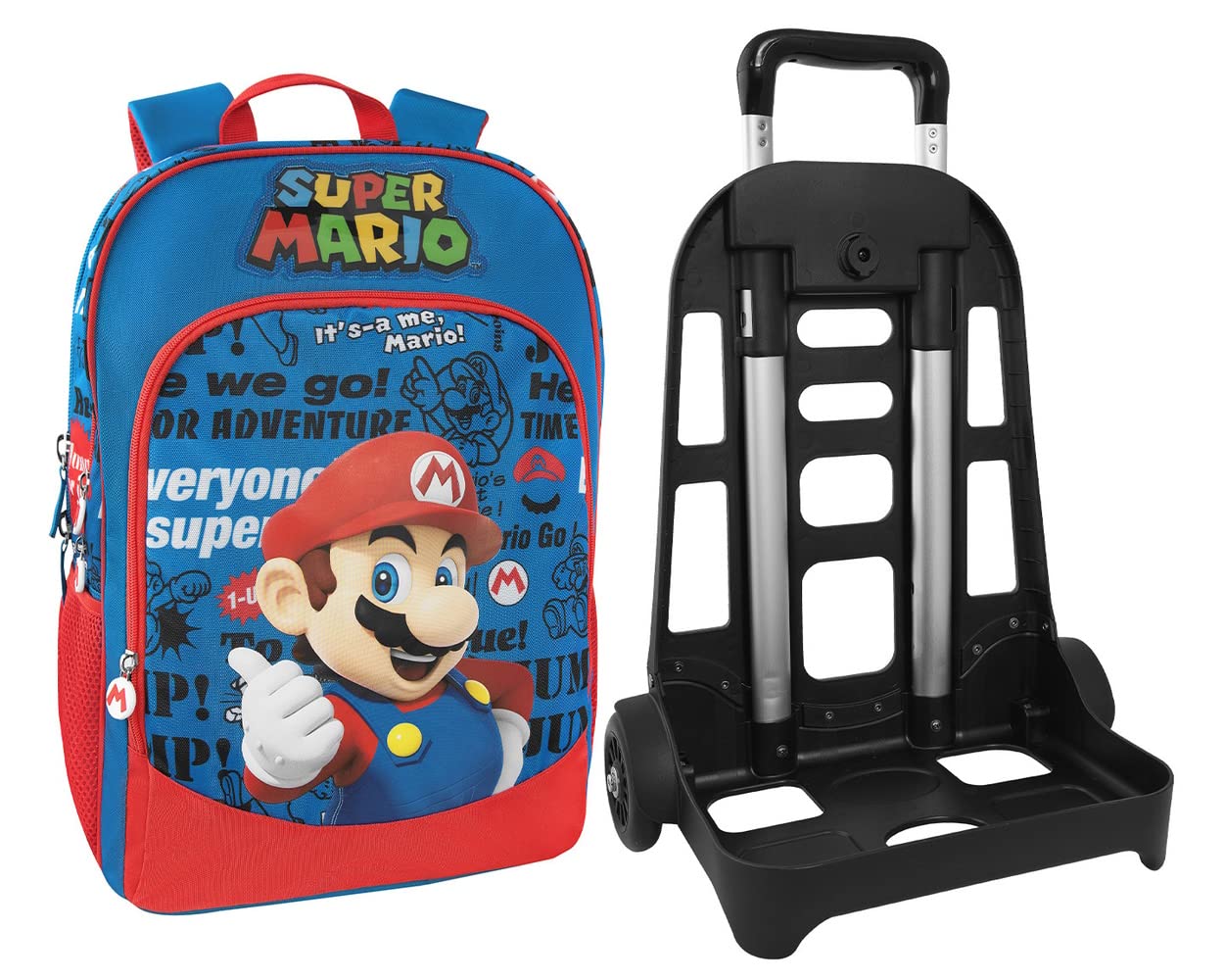 SUPER MARIO - Zaino Scuola Trolley Ufficiale Super Mario con Maniglia Regolabile, Spallacci Imbottiti e Regolabili, Tasca Frontale e Chiusure A Zip, 32x47Hx21 cm