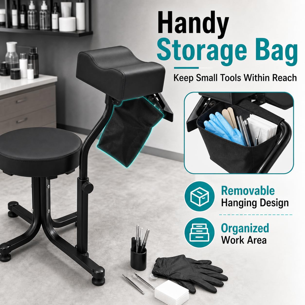 2 in 1 Sgabello per Pedicure, Sgabello per Pedicure con Poggiapiedi, Sgabello per Pedicure e Manicure, Poggiapiedi per Salone Spa per Tecnico delle Unghie, Spa, Bellezza, Forniture per Studio (Nero)