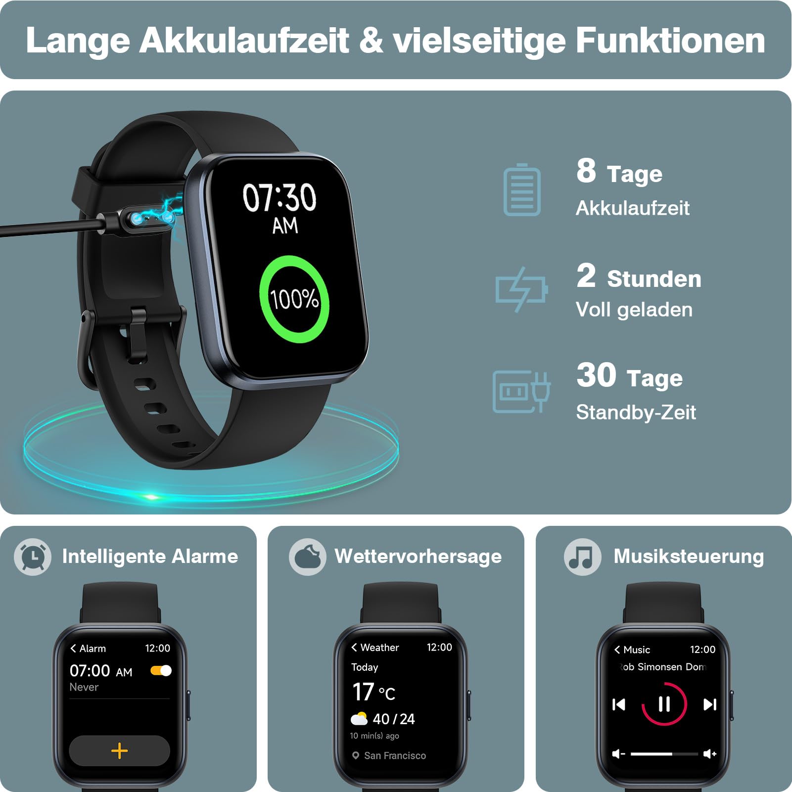 Smartwatch Herren Damen, 1.85" Smart Watch mit Telefonfunktion/Whatsapp, Fitnessuhr Herren mit Herzfrequenz/Schlafmonitor, 10 Tage Akku, 3ATM Wasserdicht Pulsuhr Damen für Samsung/iOS/Android, Alexa