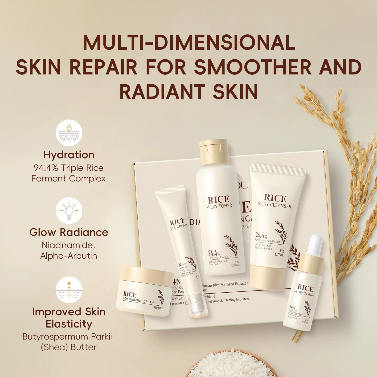 Moisturizing Korean Rice Skincare Set, 5-Step Facial Routine